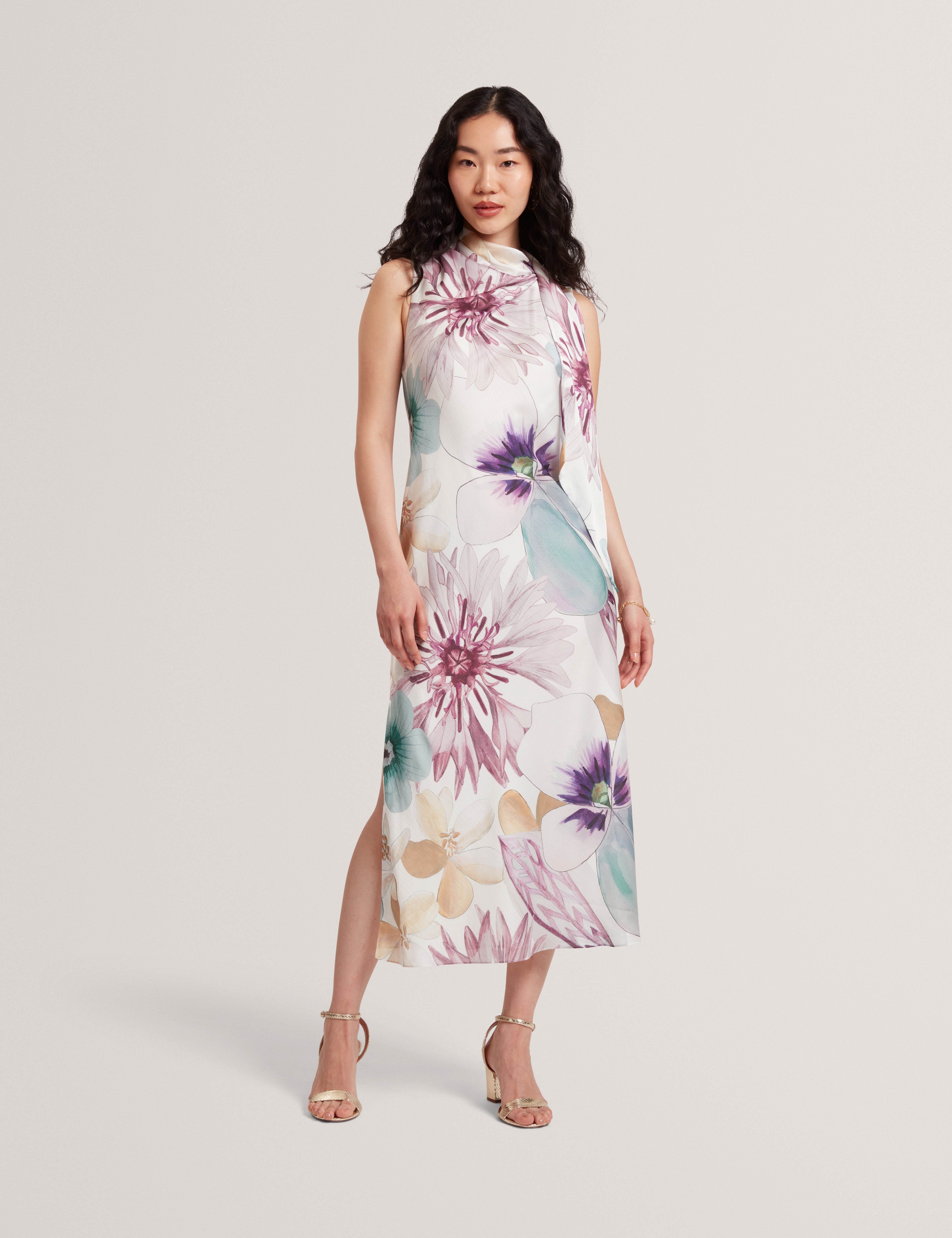 Harrpur Print Neck Tie Midi Dress White