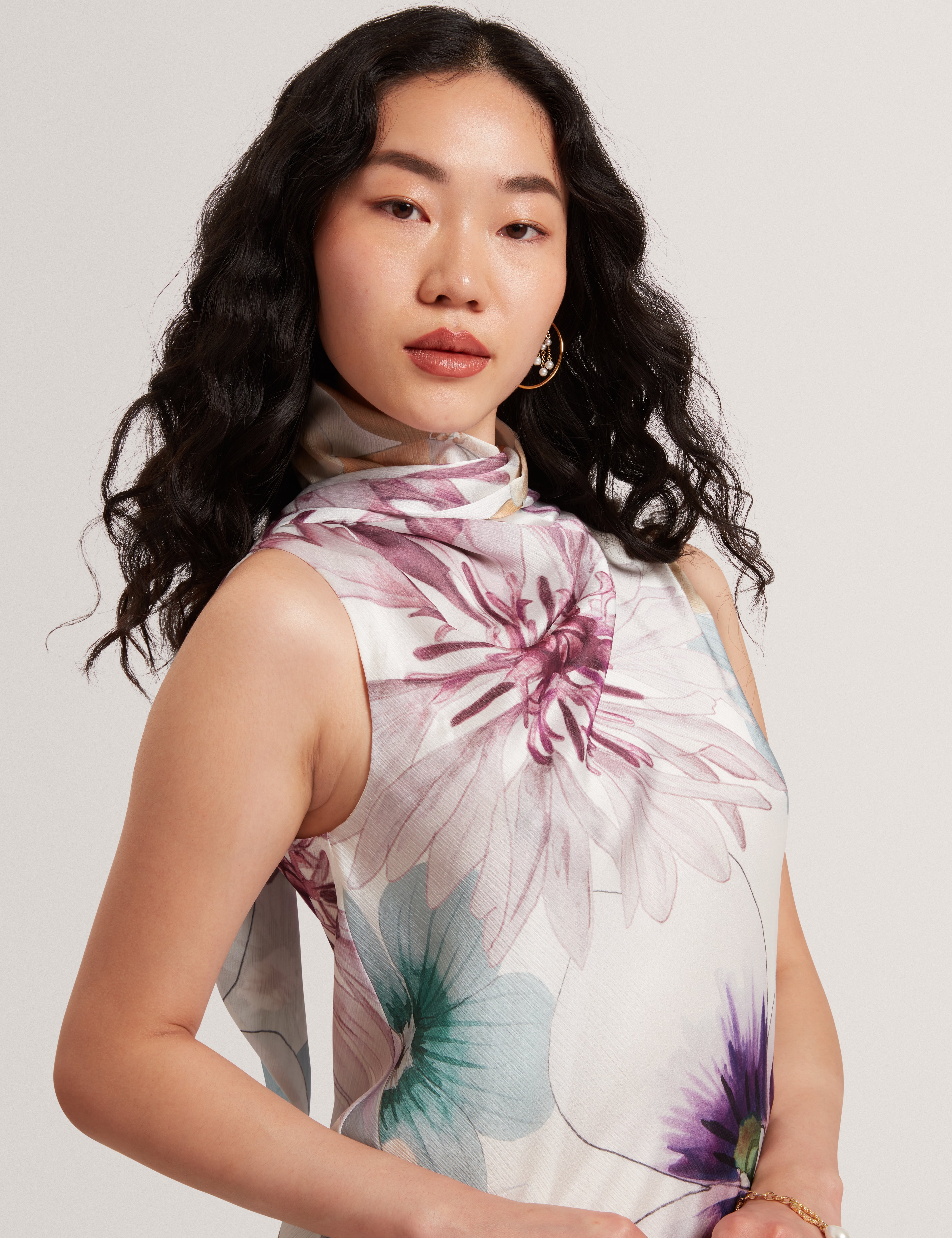 Harrpur Print Neck Tie Midi Dress White