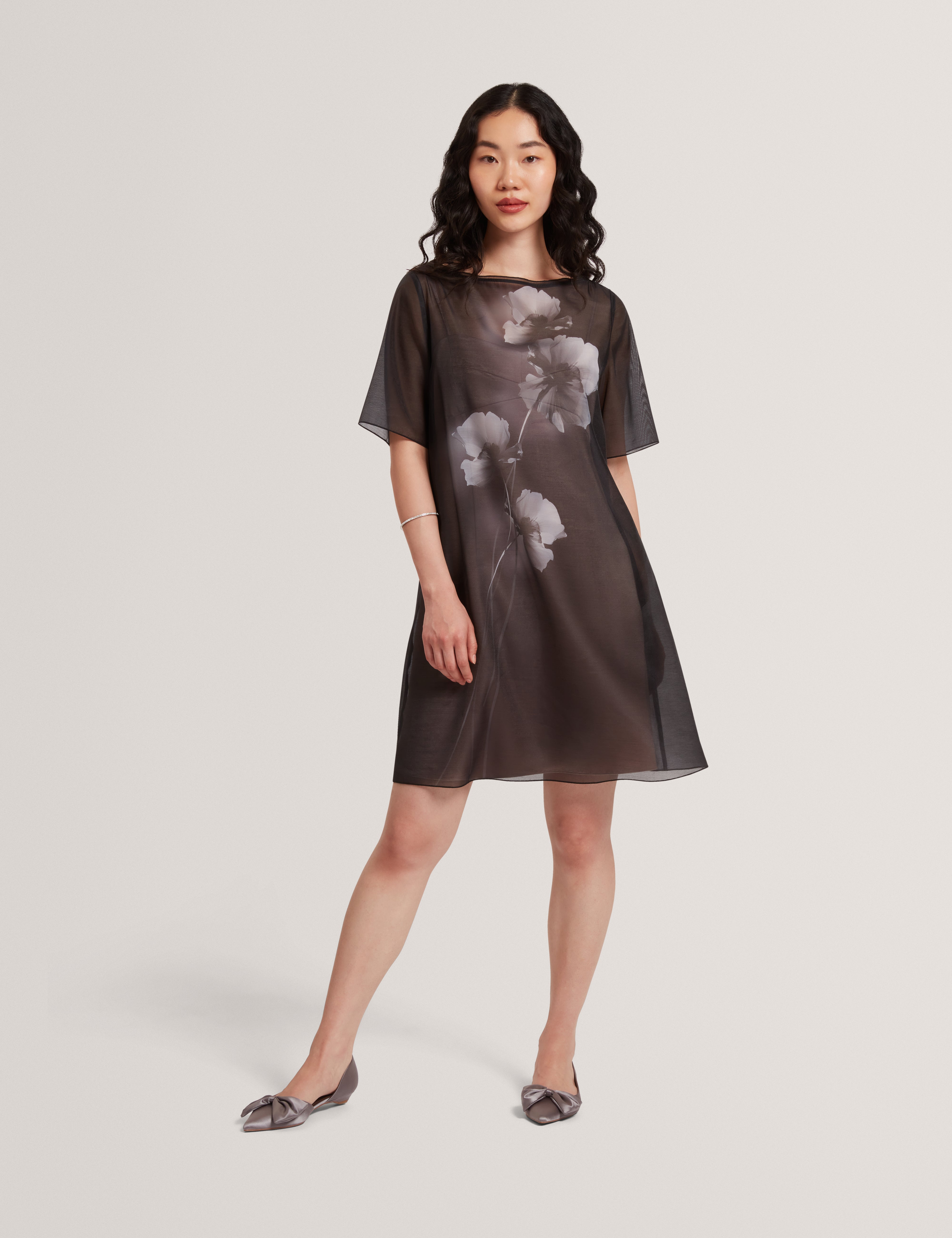 Fallyn Printed Organza Overlay Mini T-Shirt Dress Black