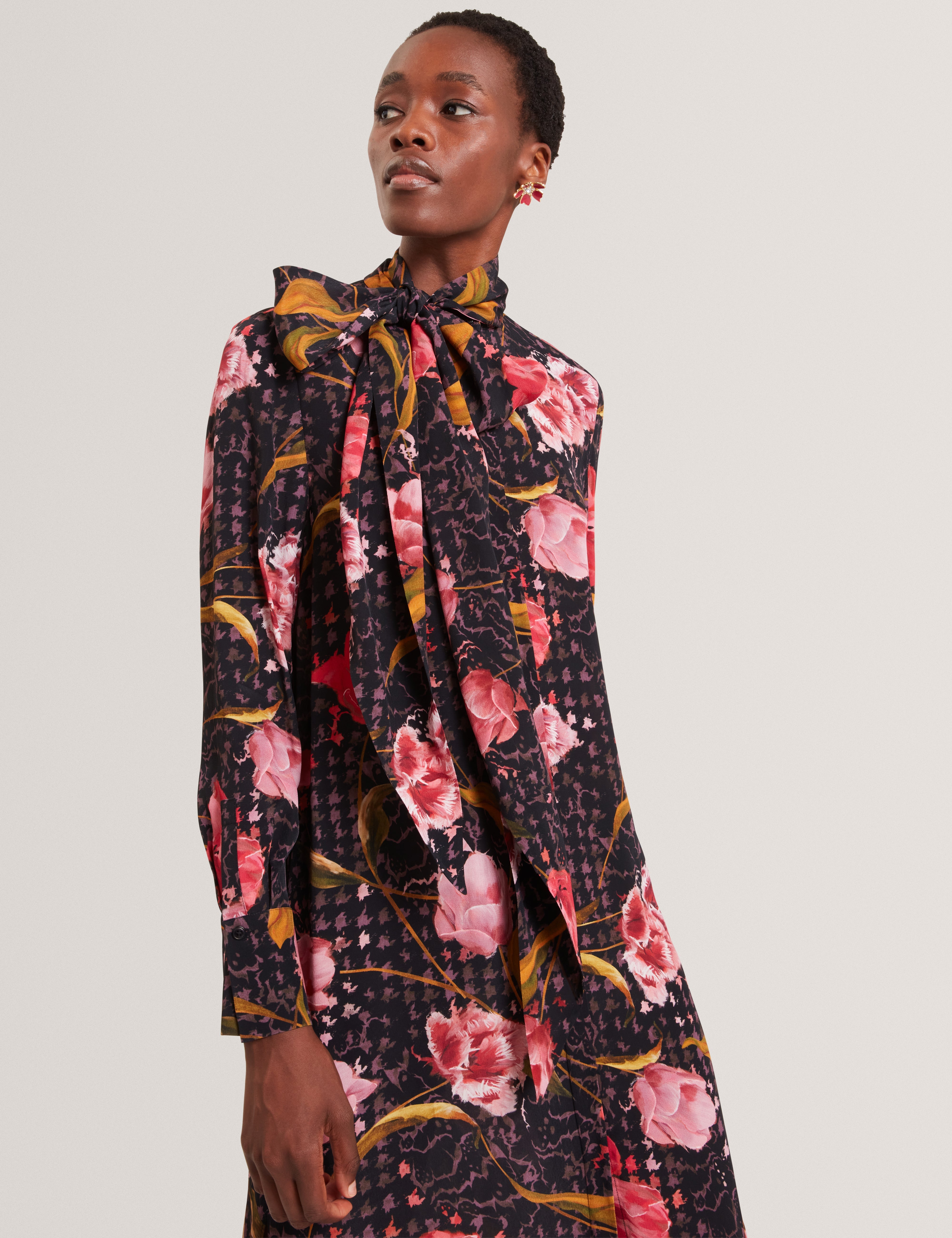 Elann Printed Tie Neck Midi Shirt Dress Black