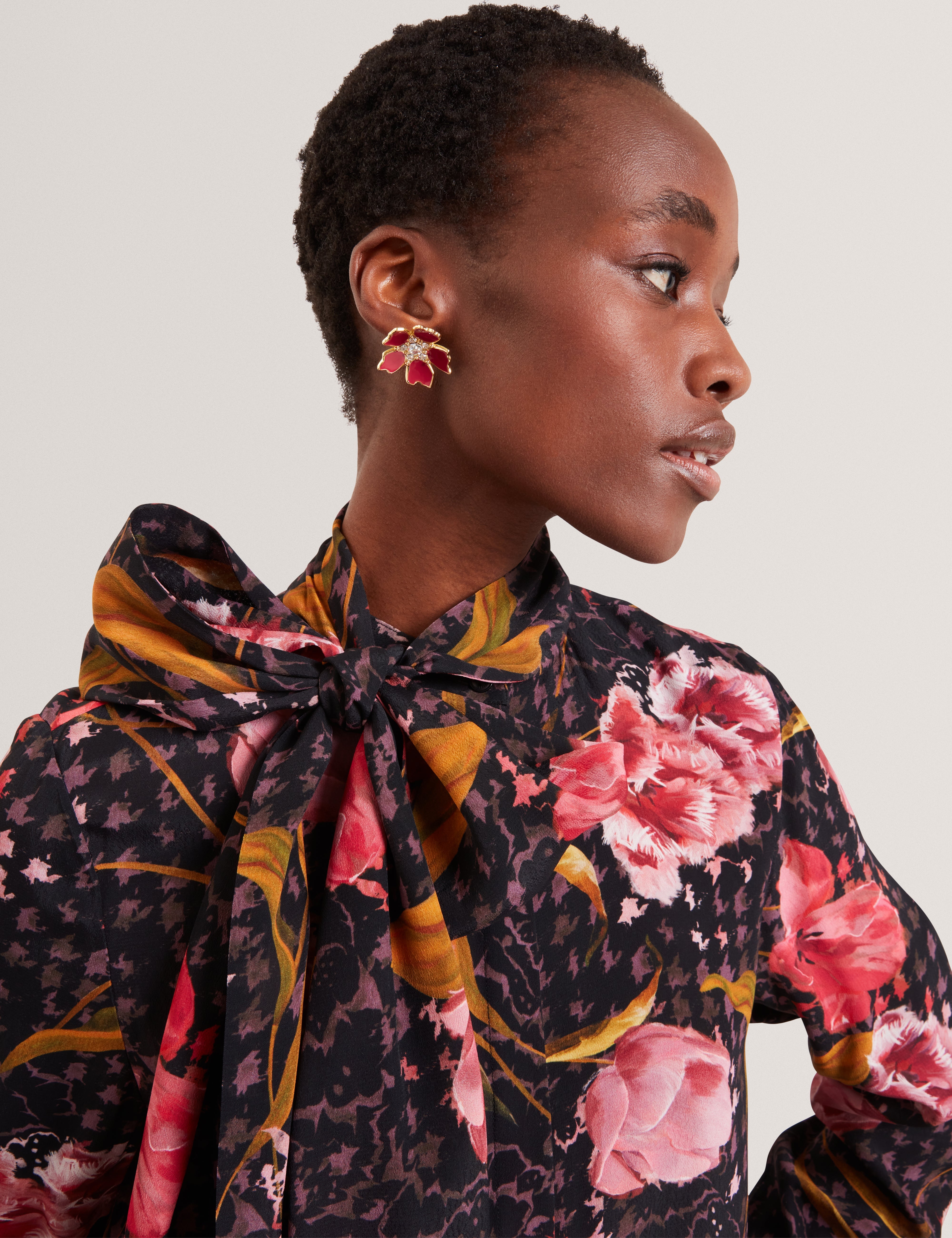 Elann Printed Tie Neck Midi Shirt Dress Black