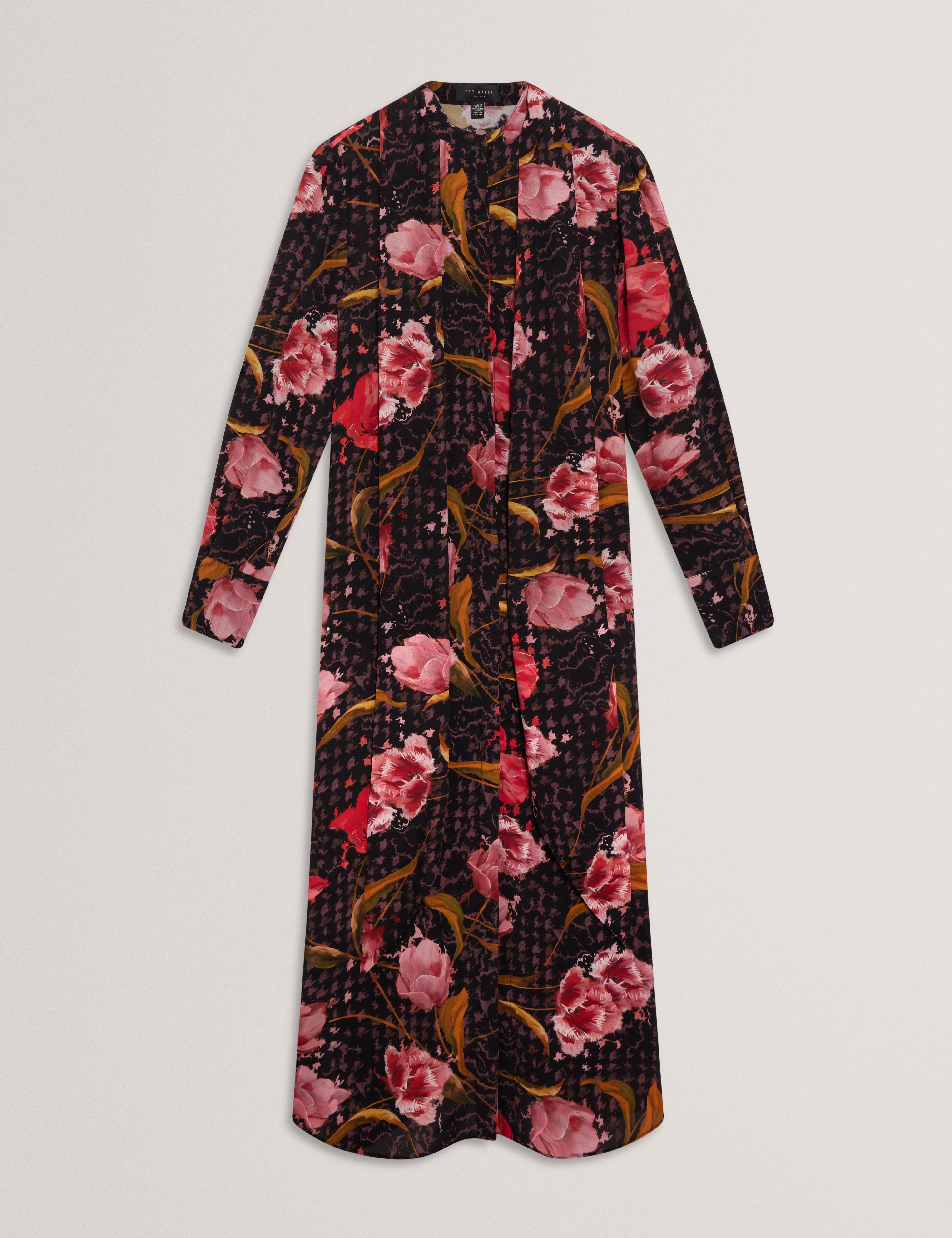 Elann Printed Tie Neck Midi Shirt Dress Black