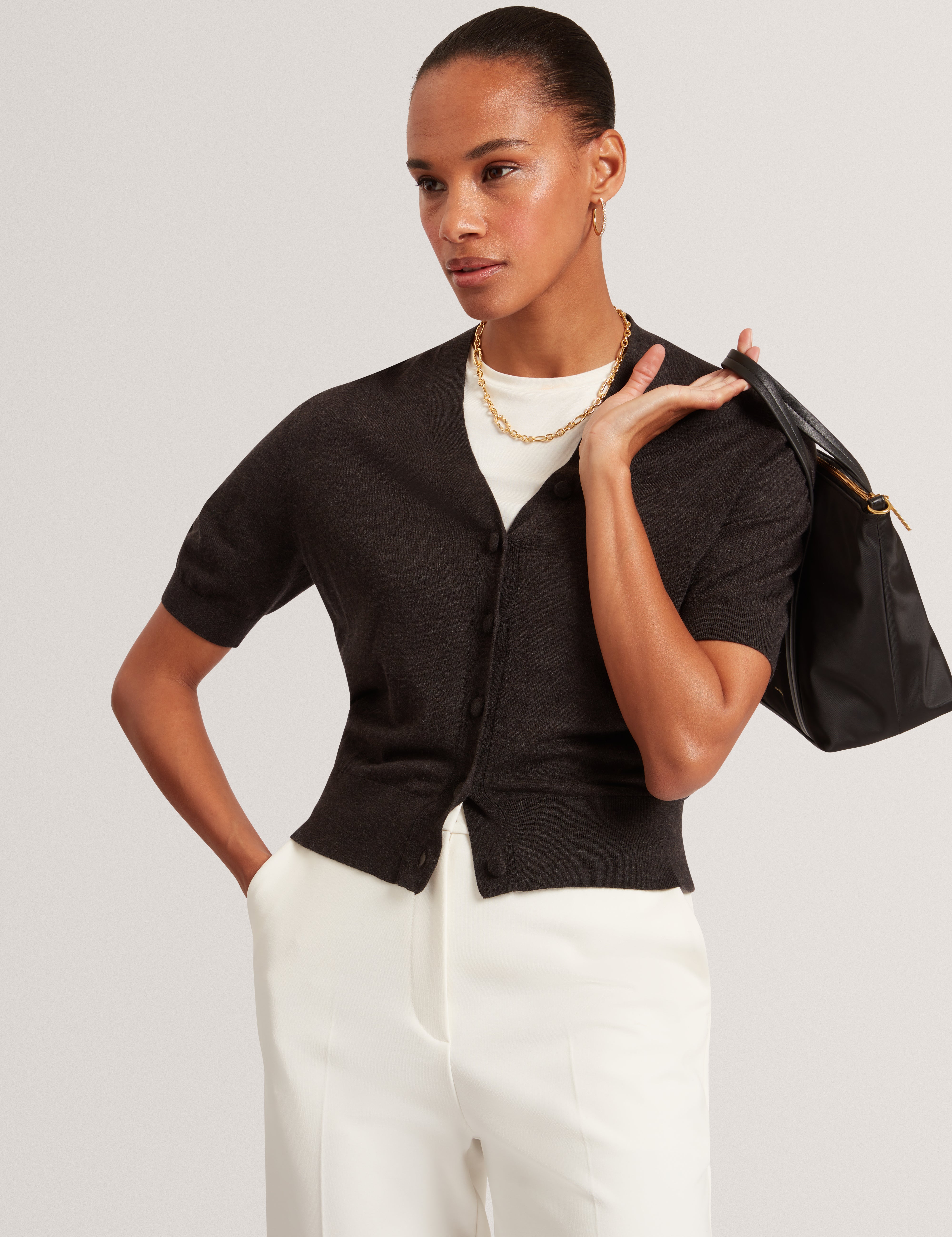 Dazlia Knitted Short Sleeve Cardigan Charcoal