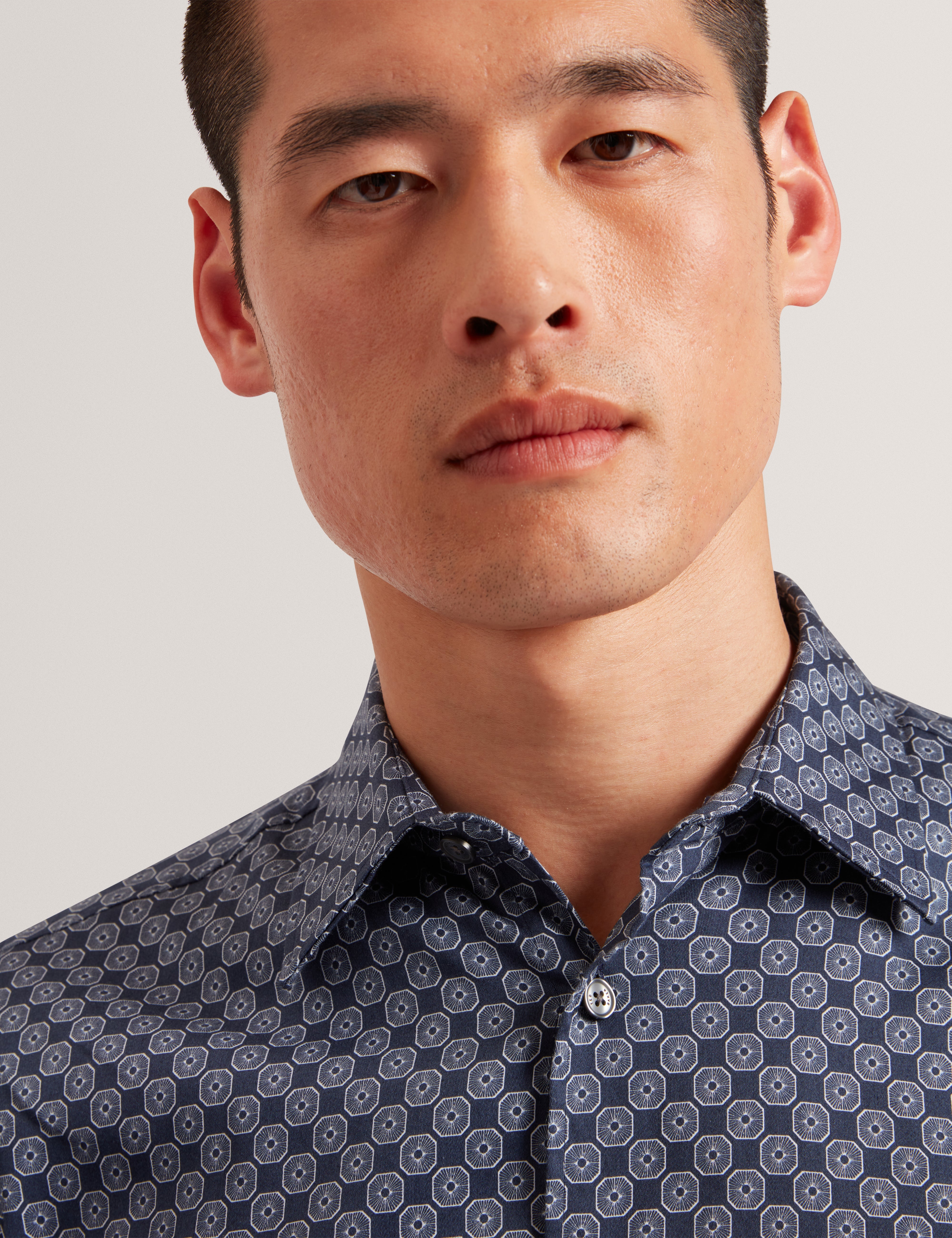 Sef Ls Slim Fit Circle Geo Print Shirt Navy