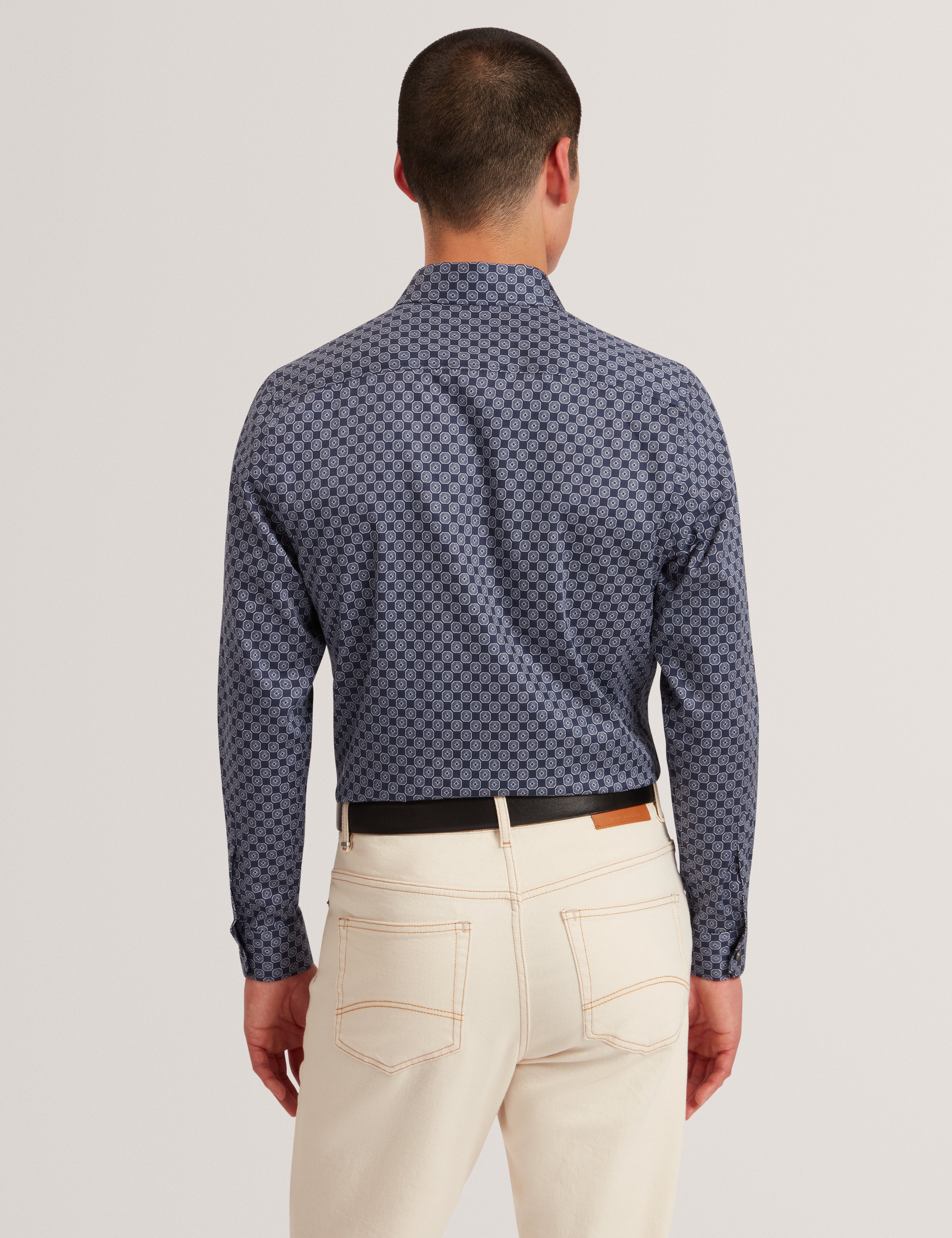 Sef Ls Slim Fit Circle Geo Print Shirt Navy