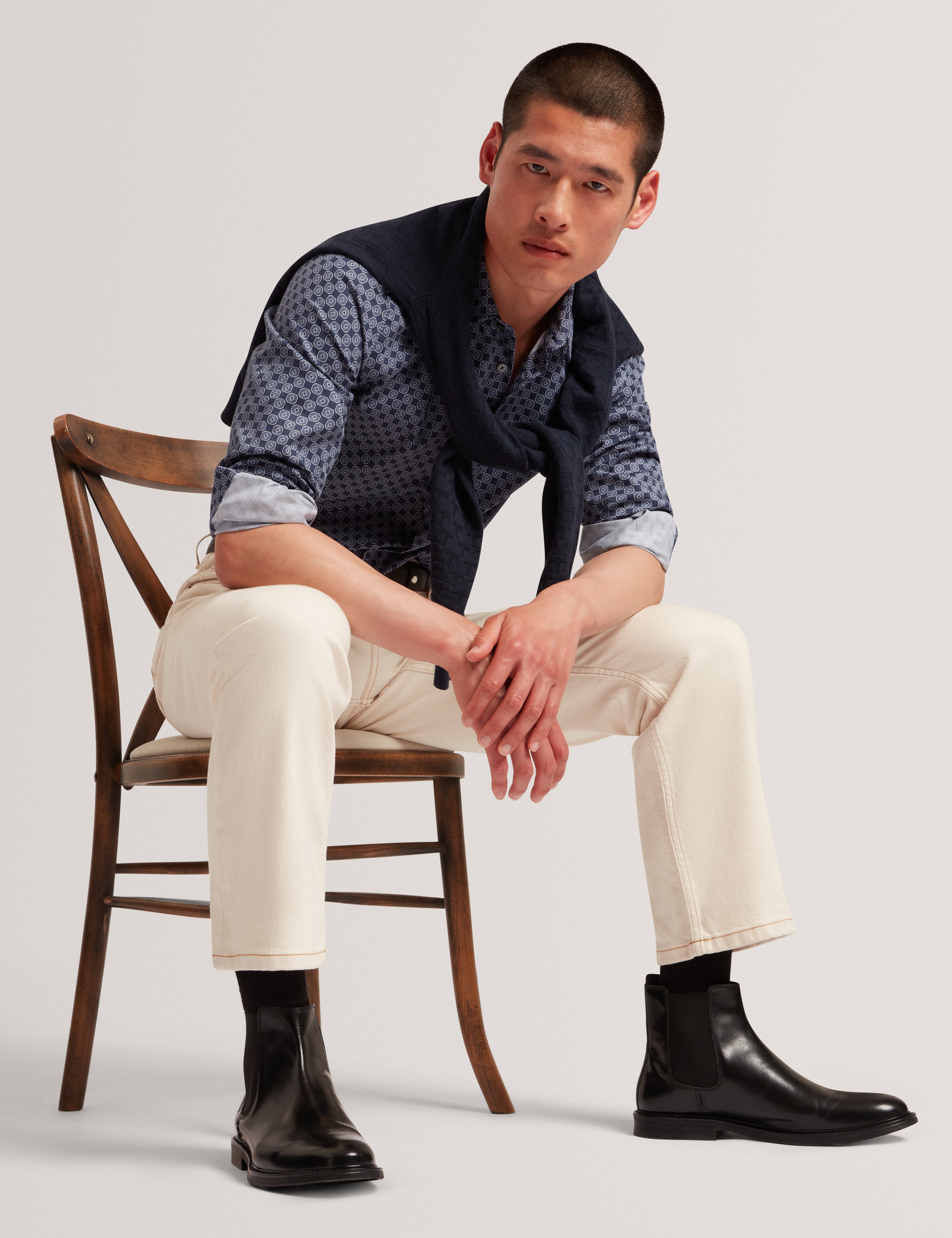 Sef Ls Slim Fit Circle Geo Print Shirt Navy