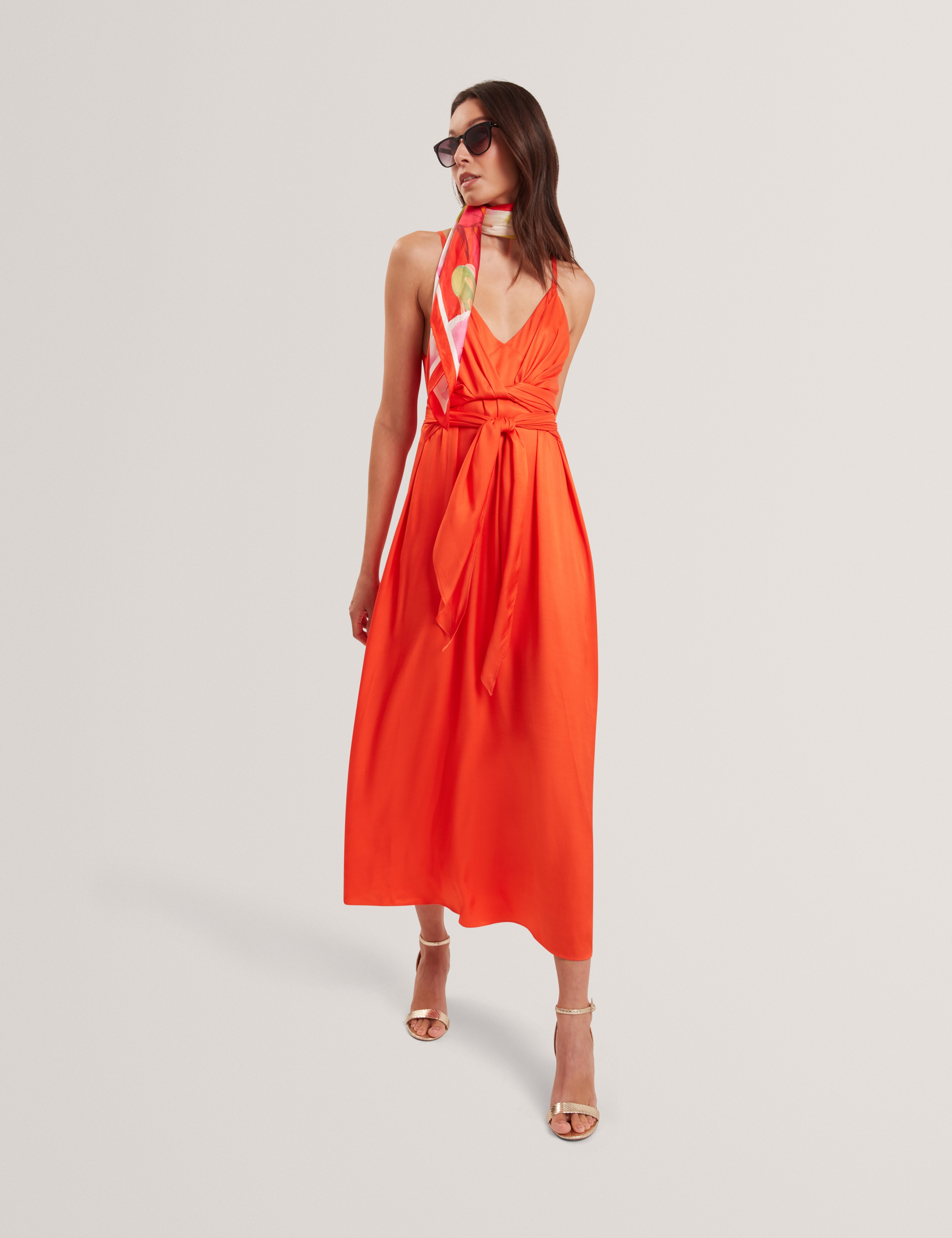 Beckki Tie Waist Slip Midi Dress Orange