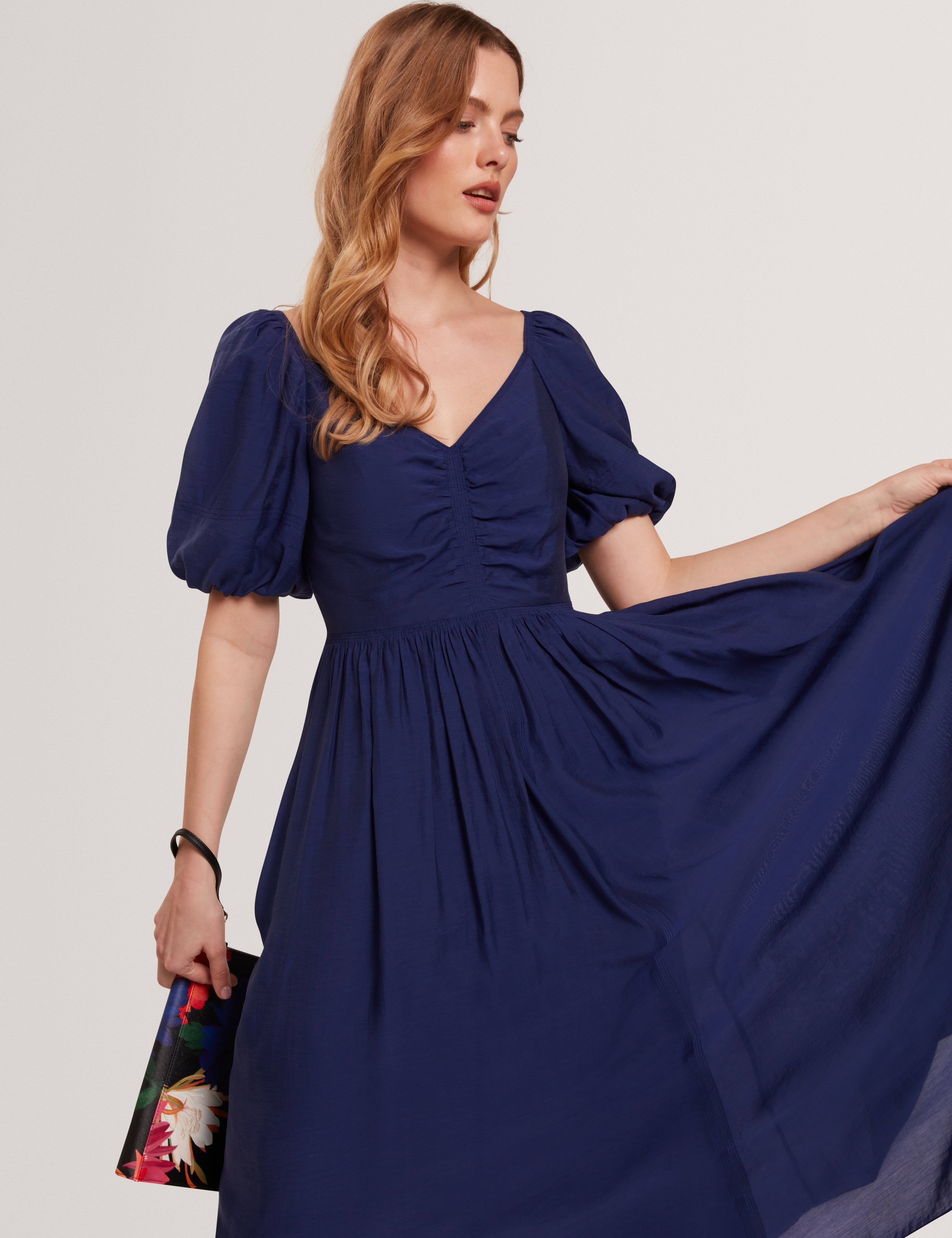 Orlaah Puff Sleeve Ruched Detail Midi Dress Dk-Blue