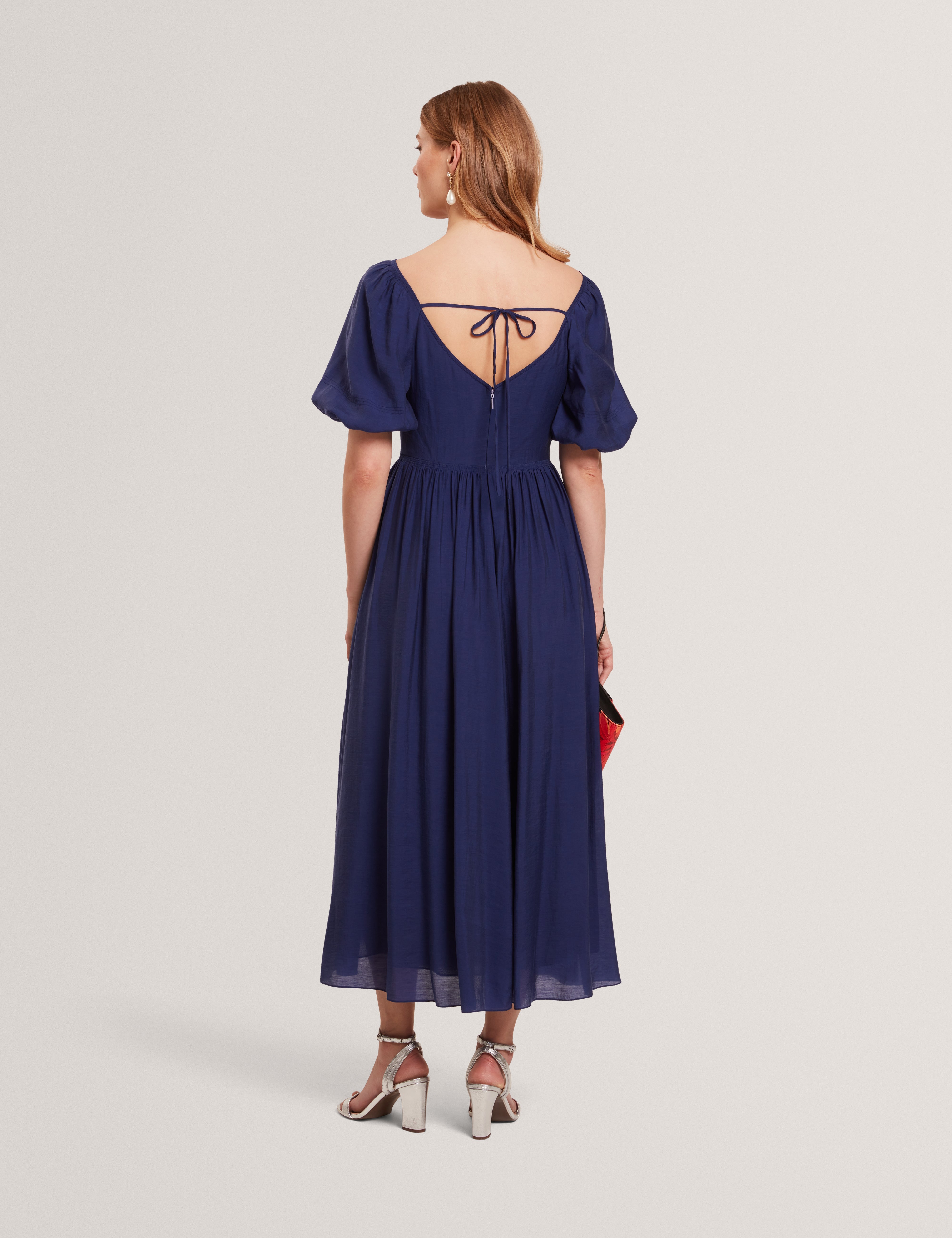 Orlaah Puff Sleeve Ruched Detail Midi Dress Dk-Blue