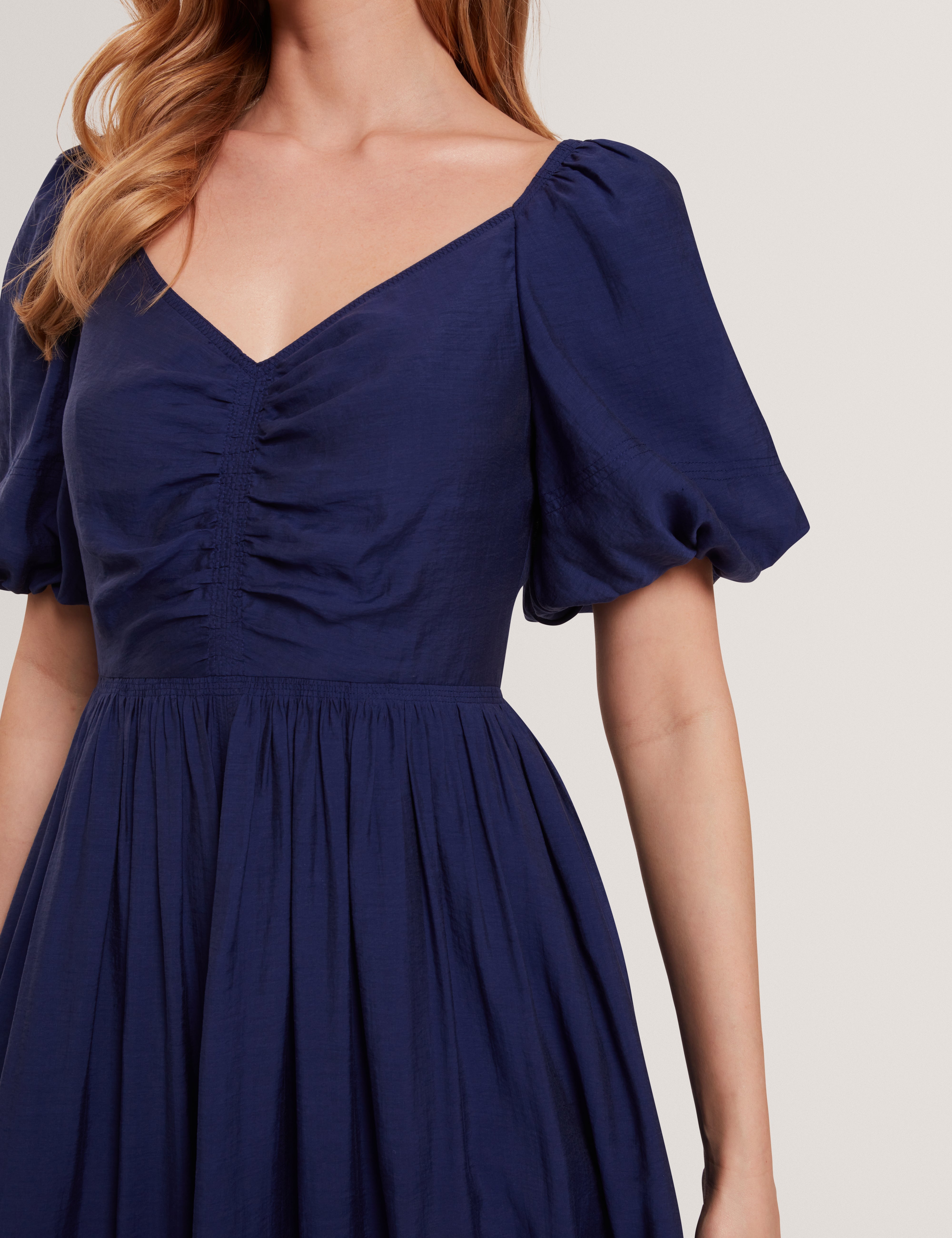 Orlaah Puff Sleeve Ruched Detail Midi Dress Dk-Blue