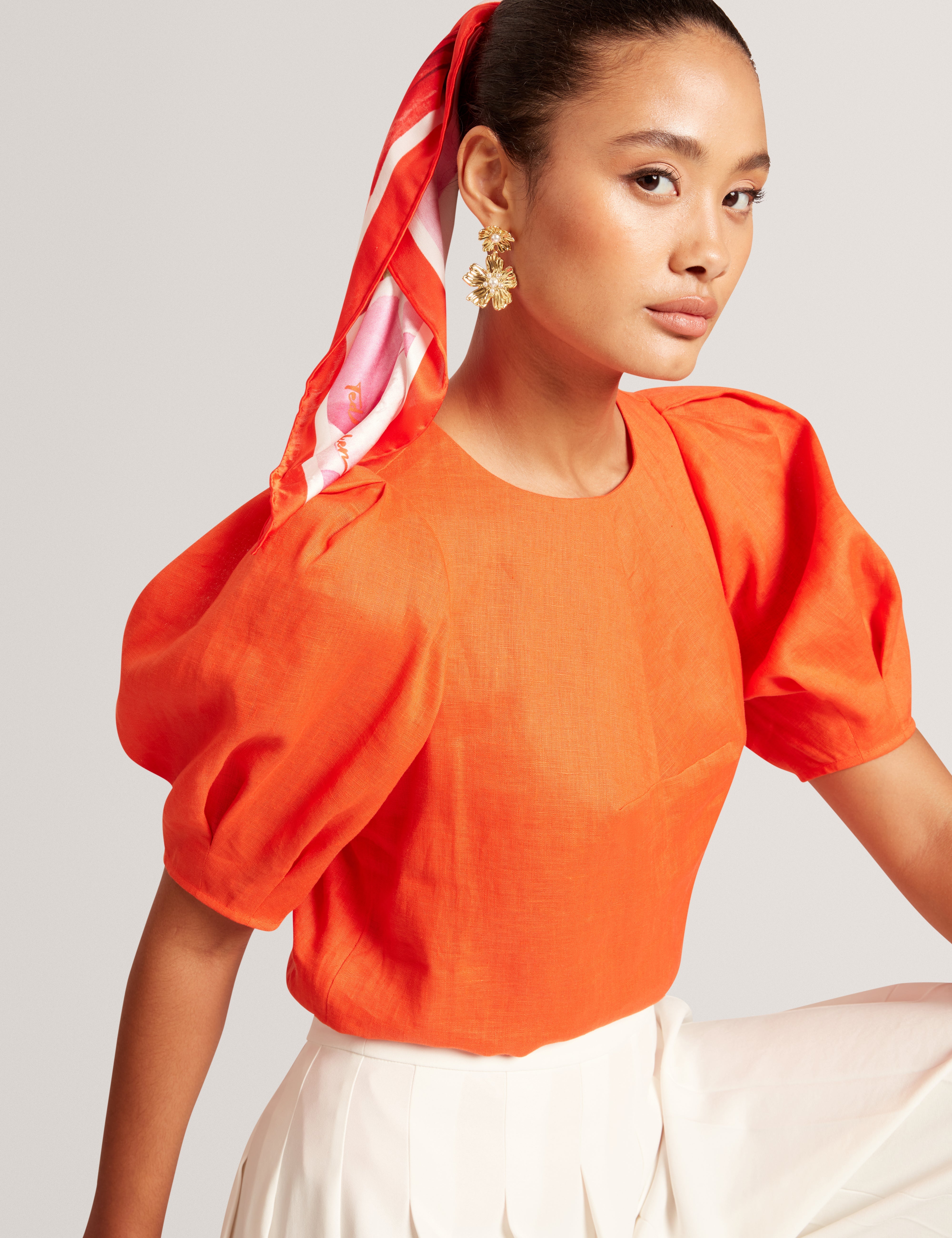 Limarie Linen Puff Sleeve Straight Top Orange