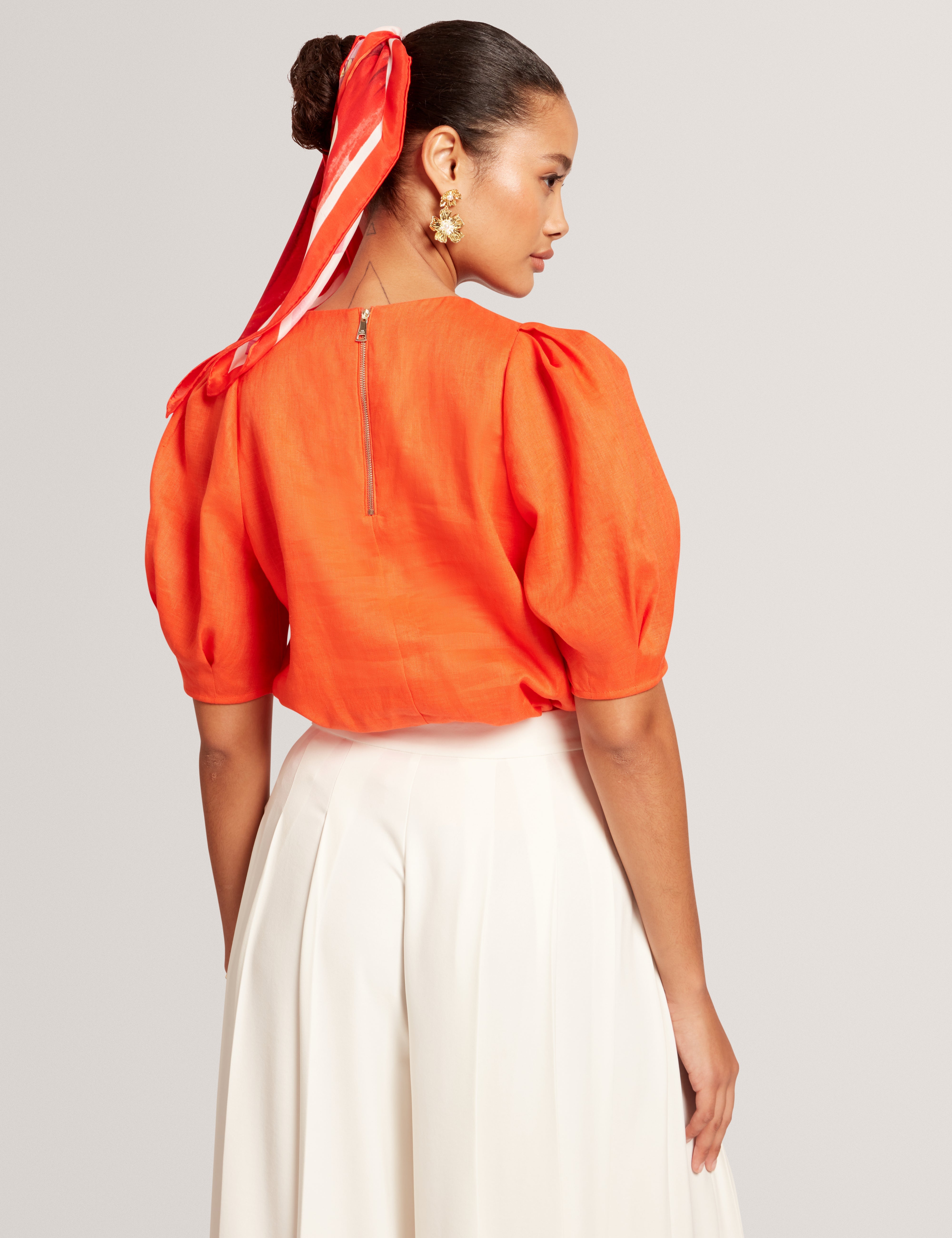 Limarie Linen Puff Sleeve Straight Top Orange