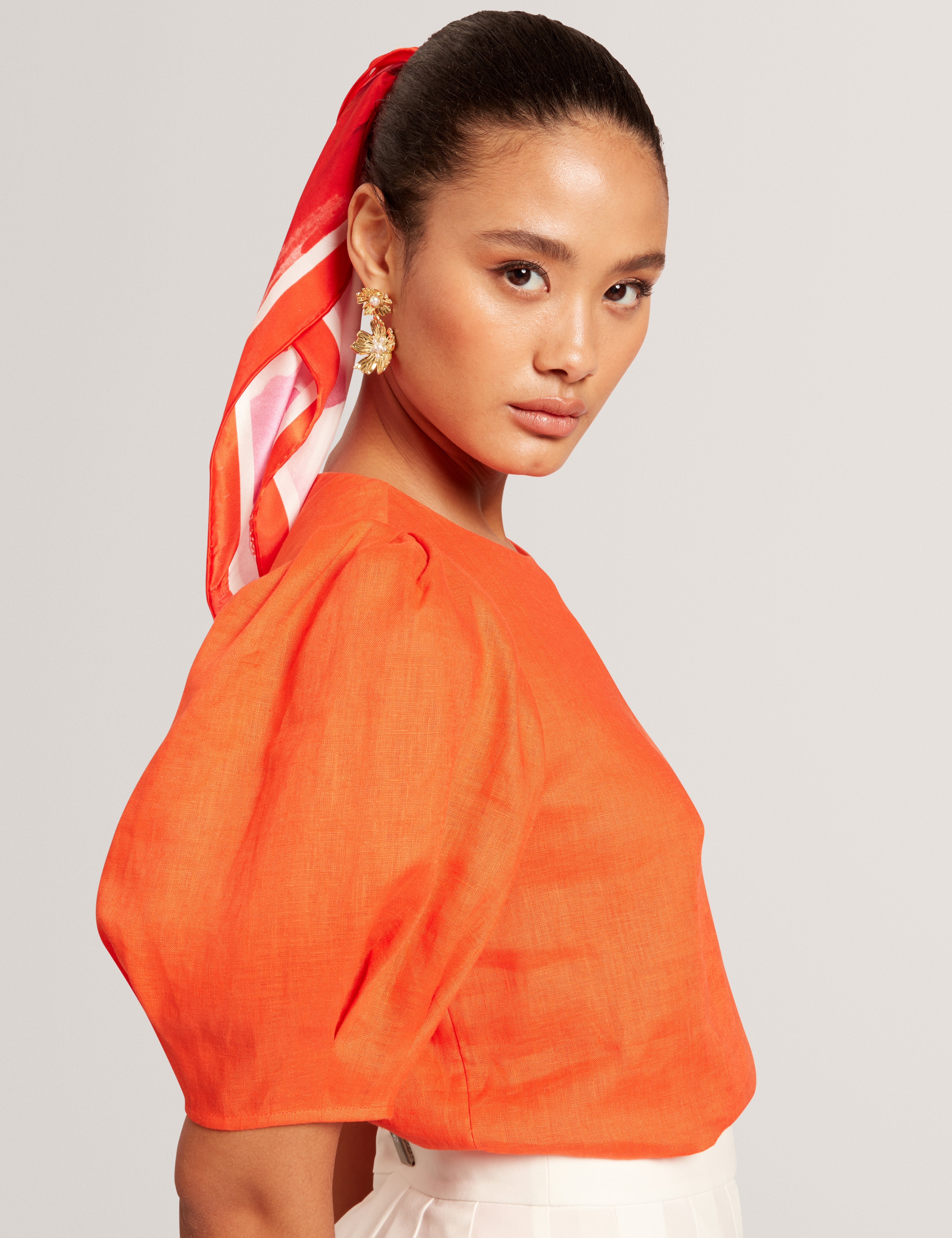 Limarie Linen Puff Sleeve Straight Top Orange