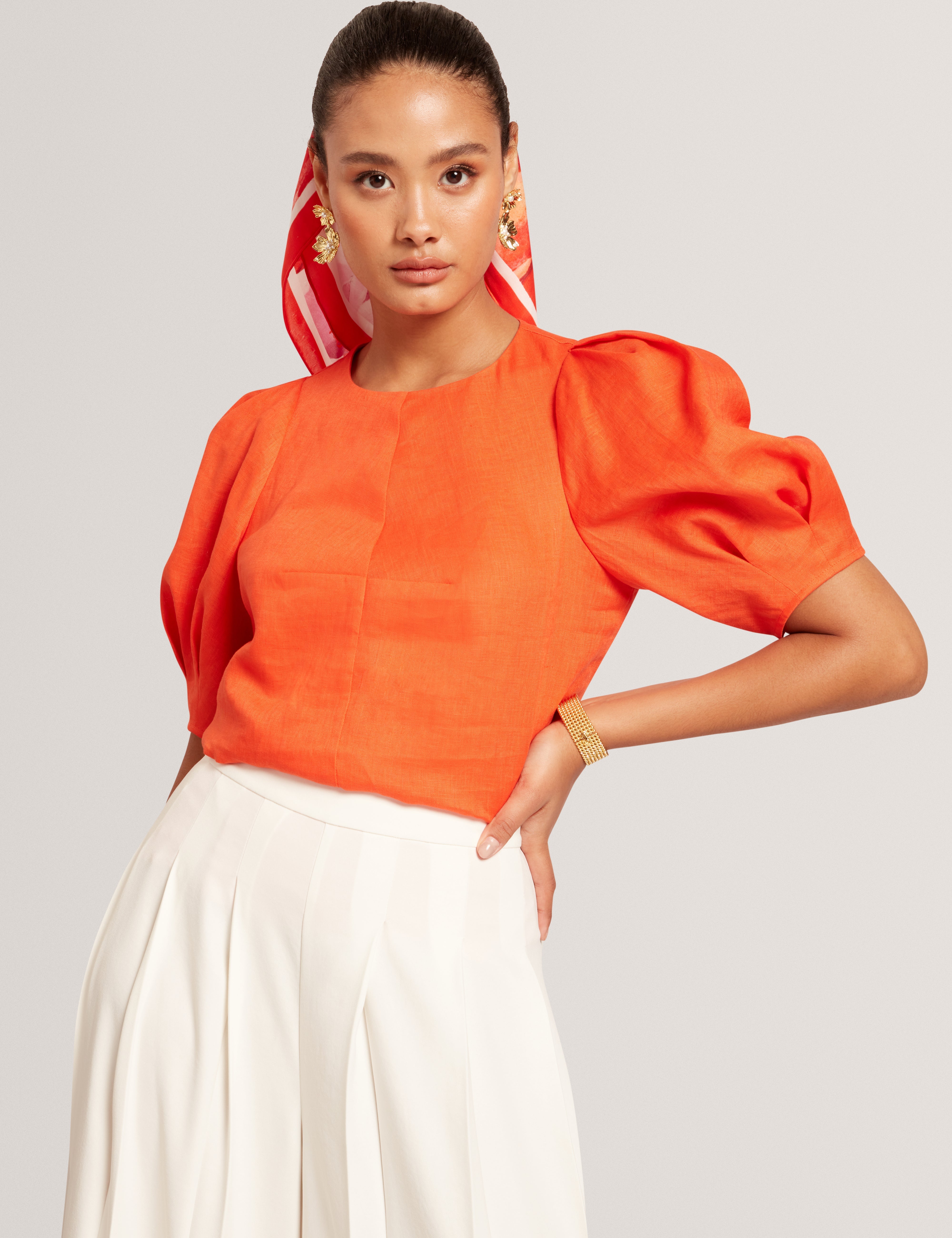 Limarie Linen Puff Sleeve Straight Top Orange