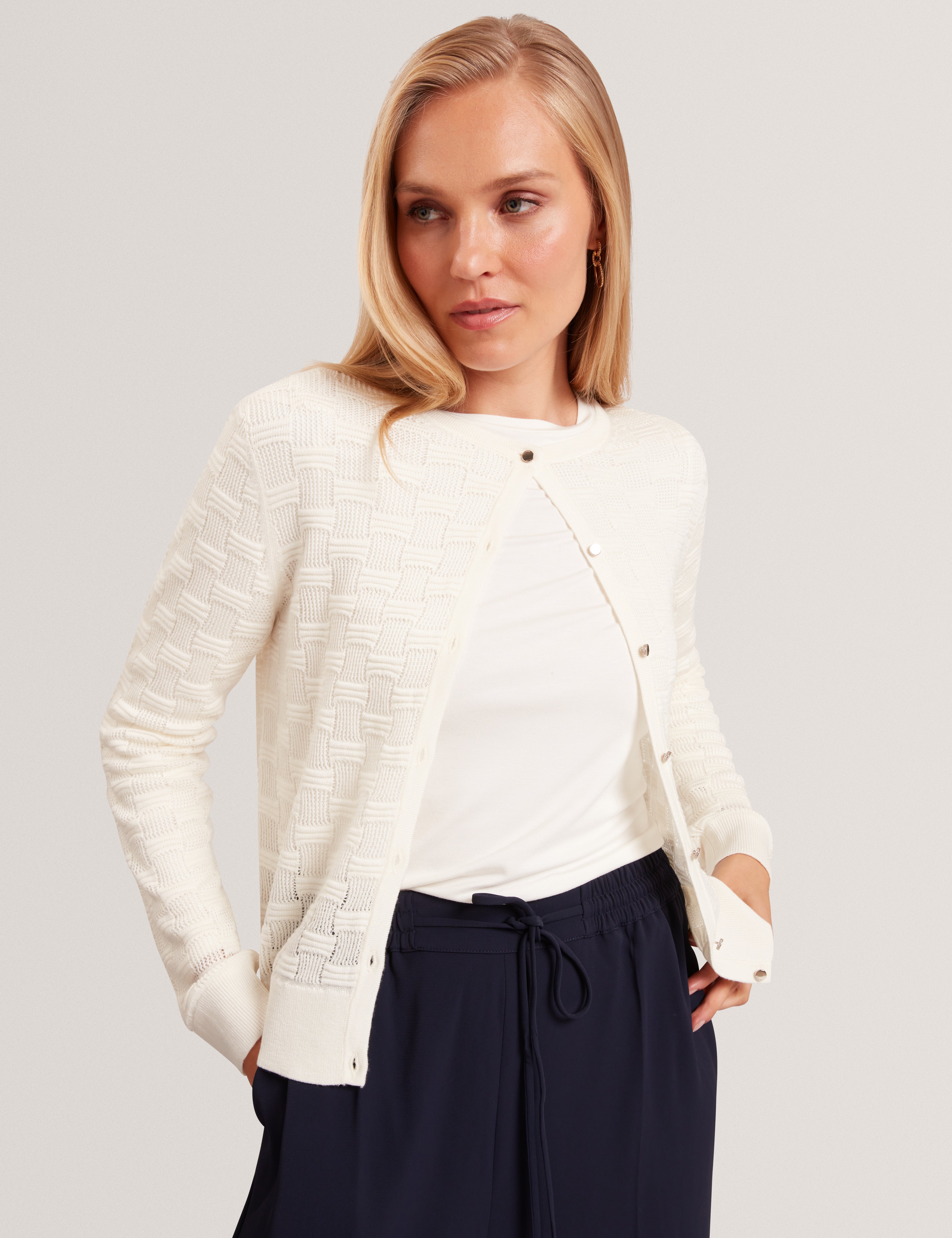Cahrie Touch Of Silk Knitted Crew Neck Cardigan White