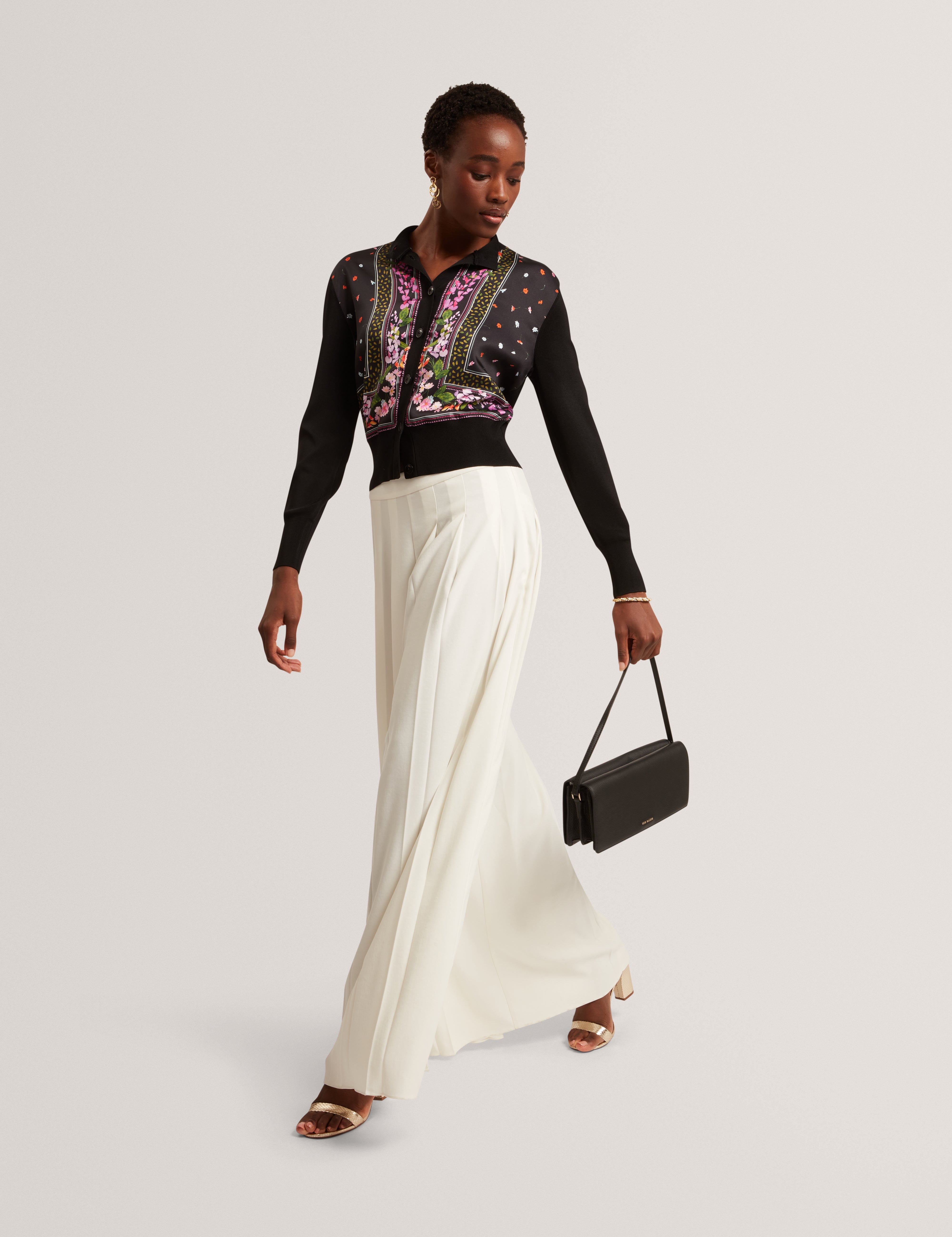Demili Printed Woven Front Cardigan Black