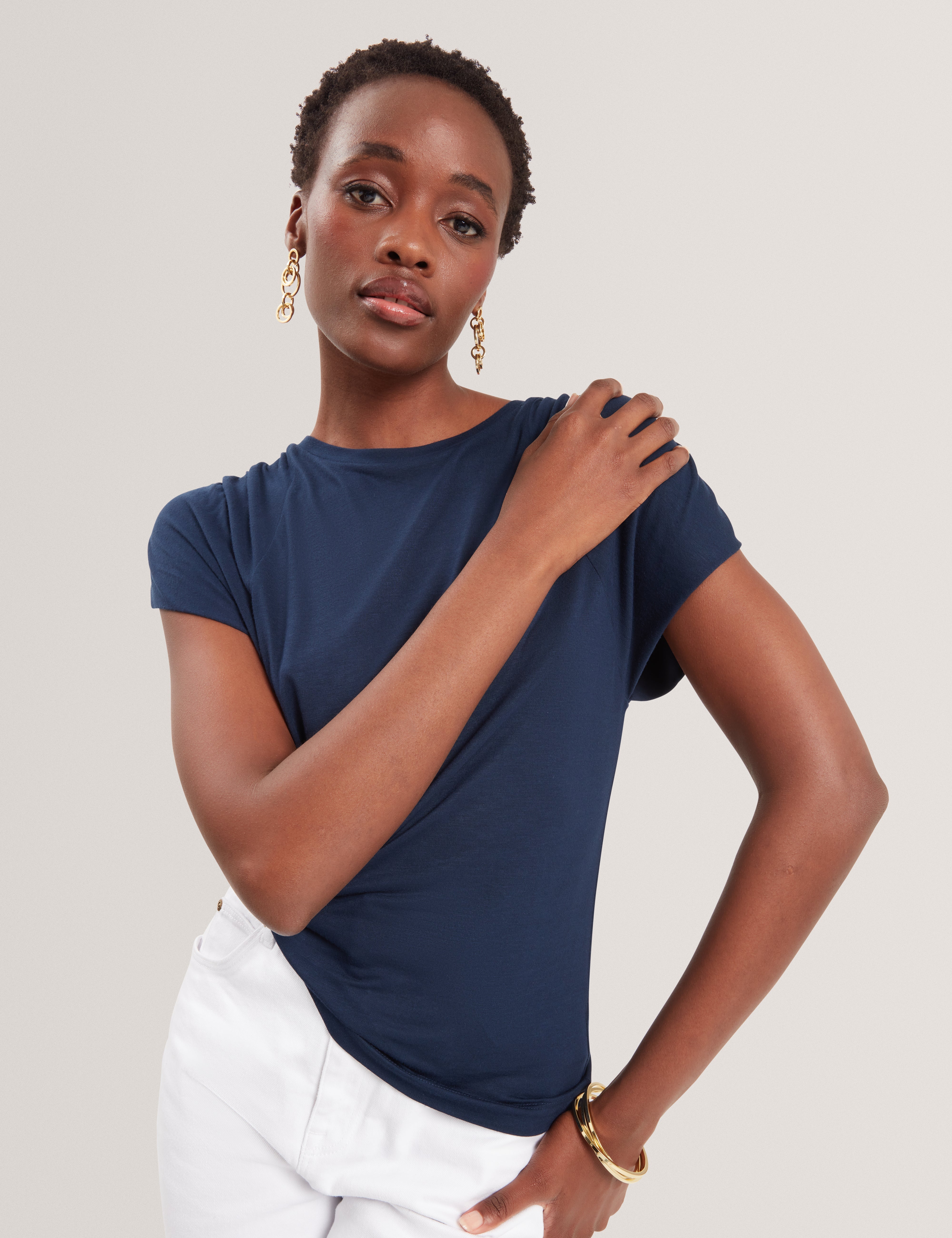 Elmie Gather Shoulder Detail Tee Dk-Blue