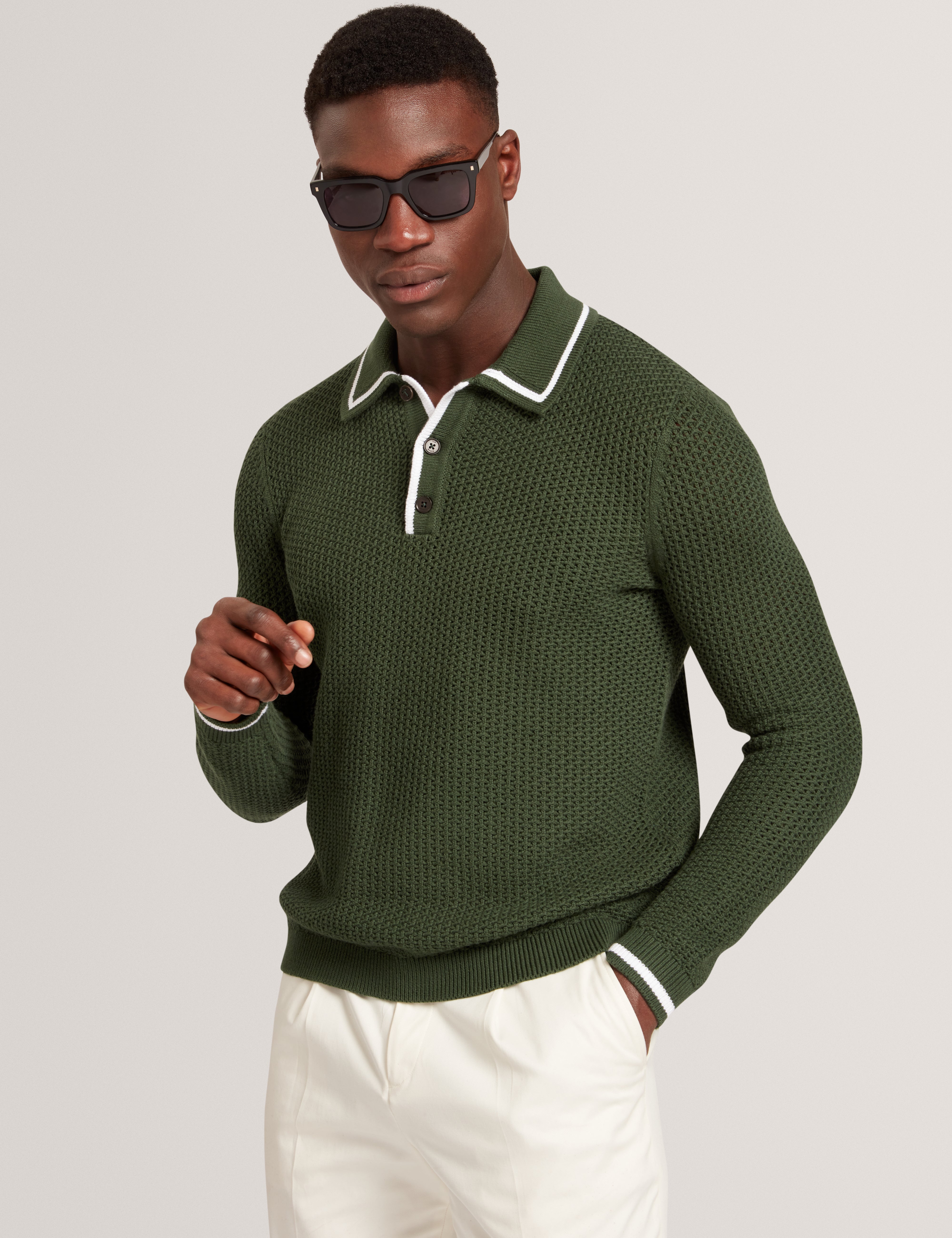 Brucei Long Sleeve Waffle Stitch Knit Polo Dk-Green
