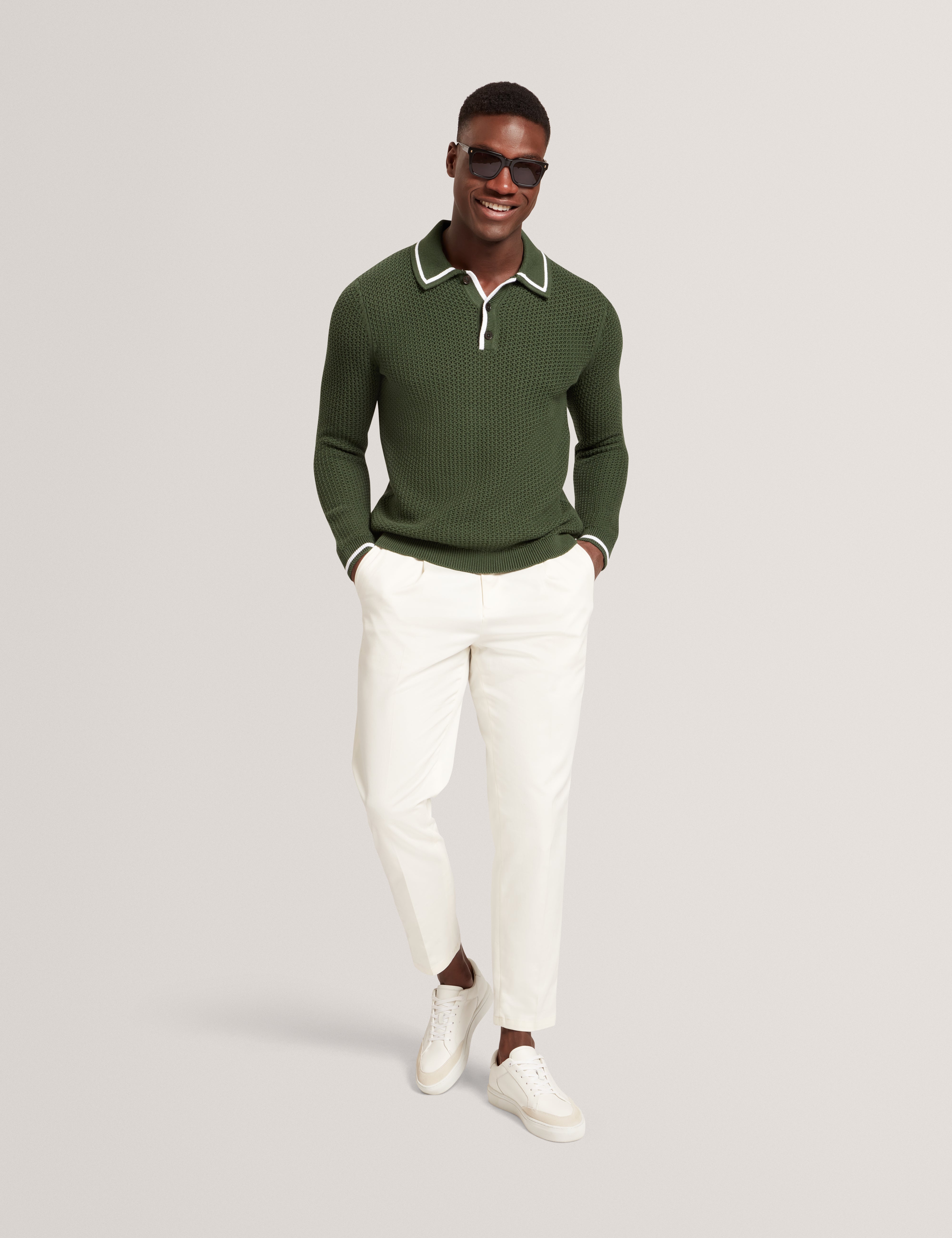 Brucei Long Sleeve Waffle Stitch Knit Polo Dk-Green