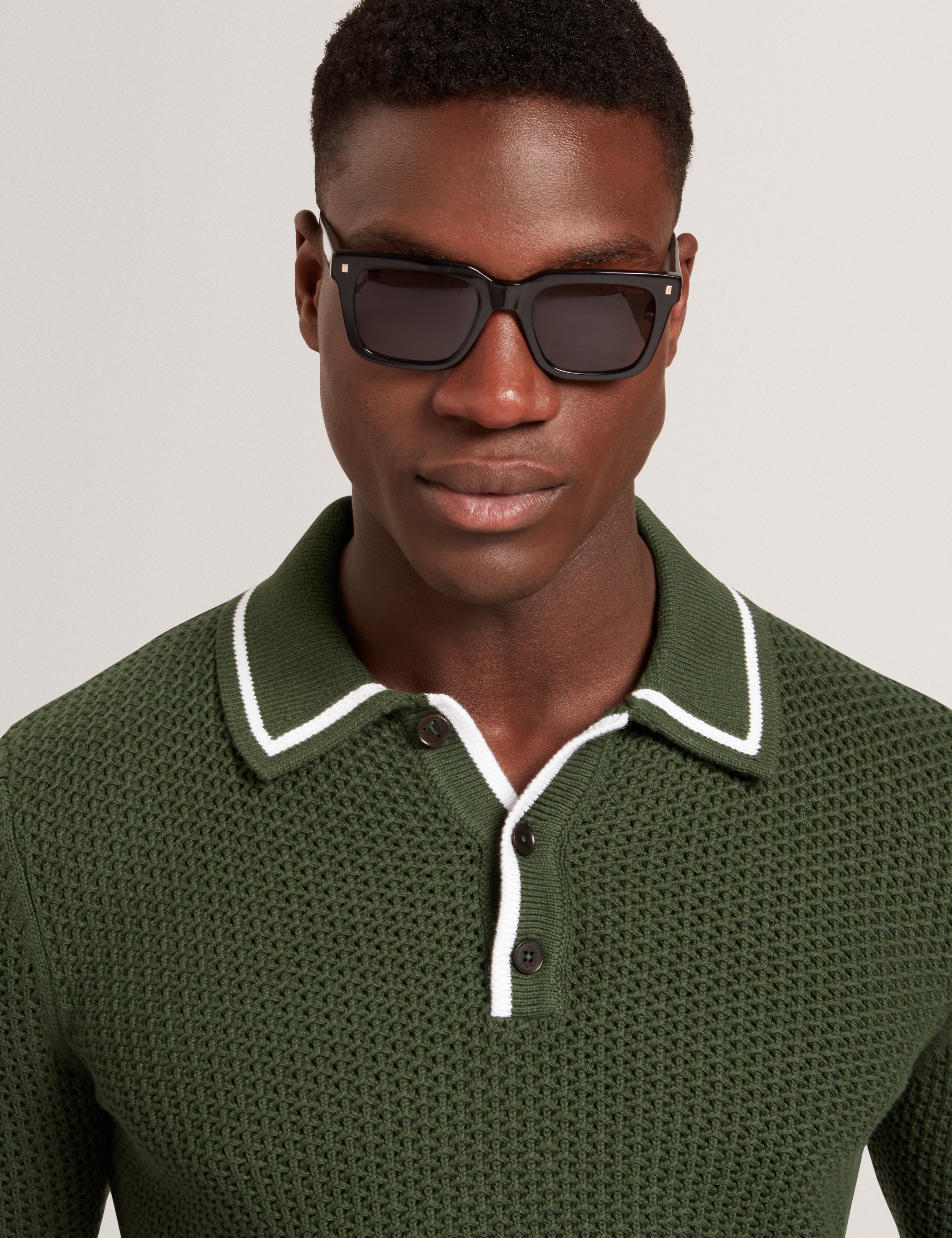 Brucei Long Sleeve Waffle Stitch Knit Polo Dk-Green