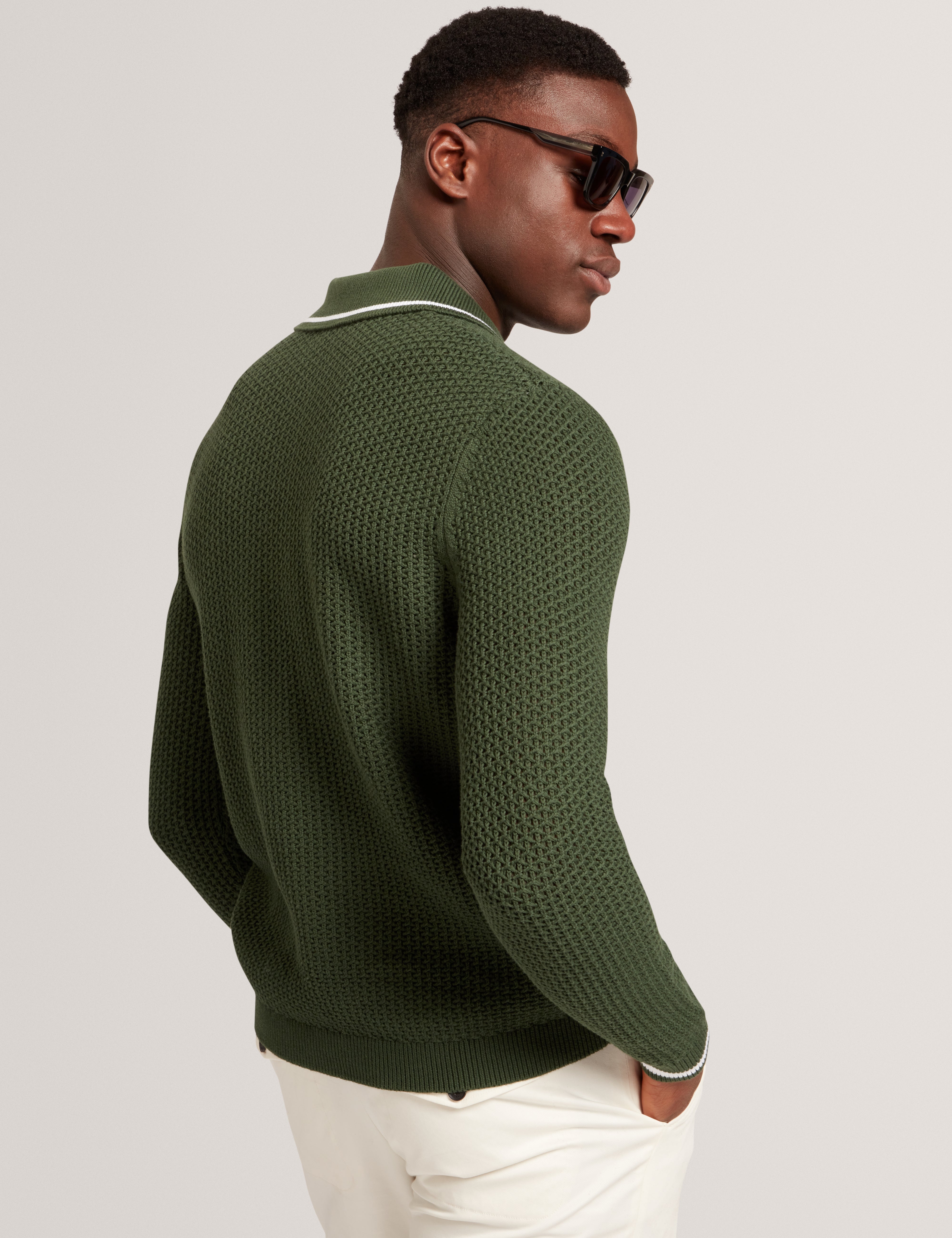 Brucei Long Sleeve Waffle Stitch Knit Polo Dk-Green