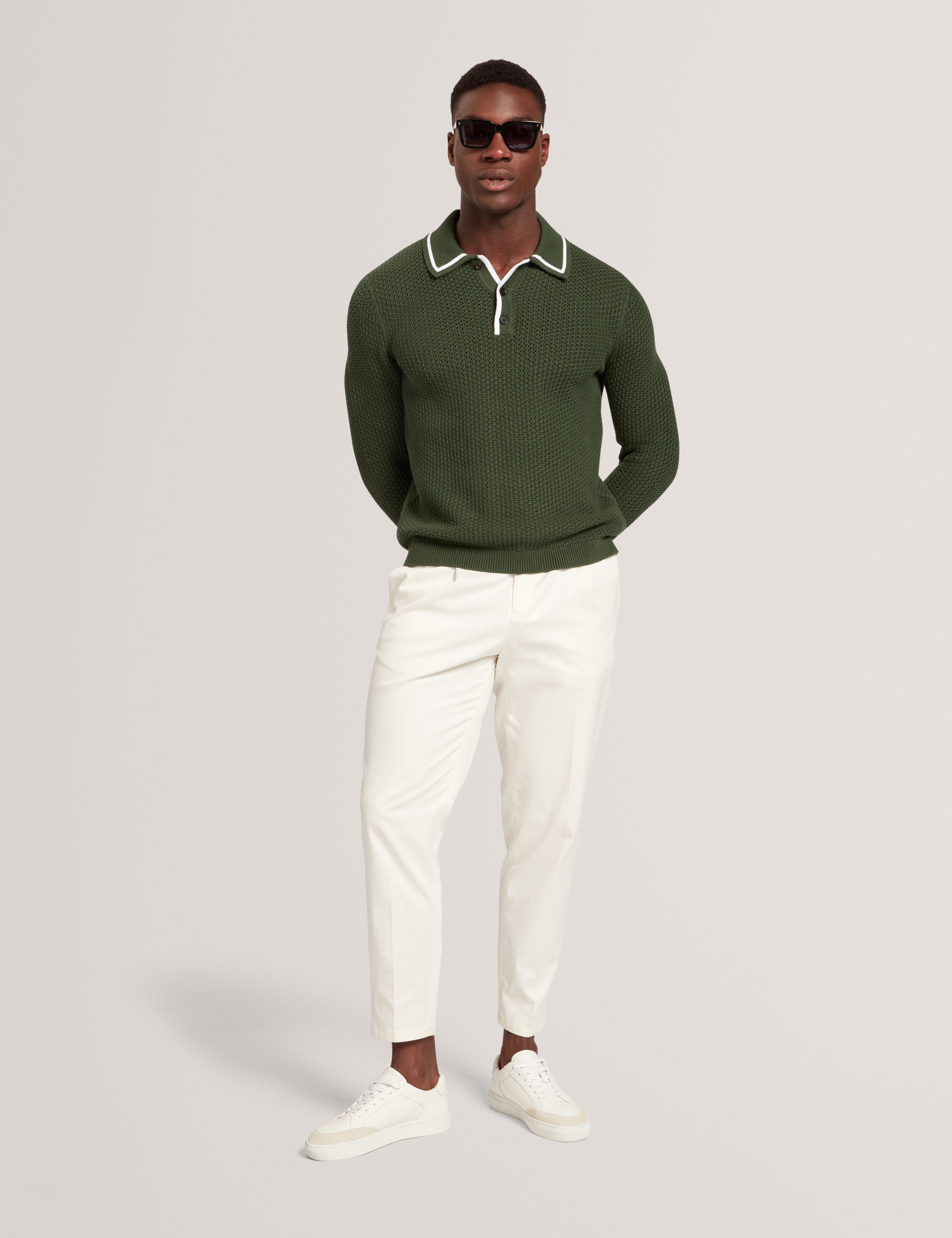 Brucei Long Sleeve Waffle Stitch Knit Polo Dk-Green