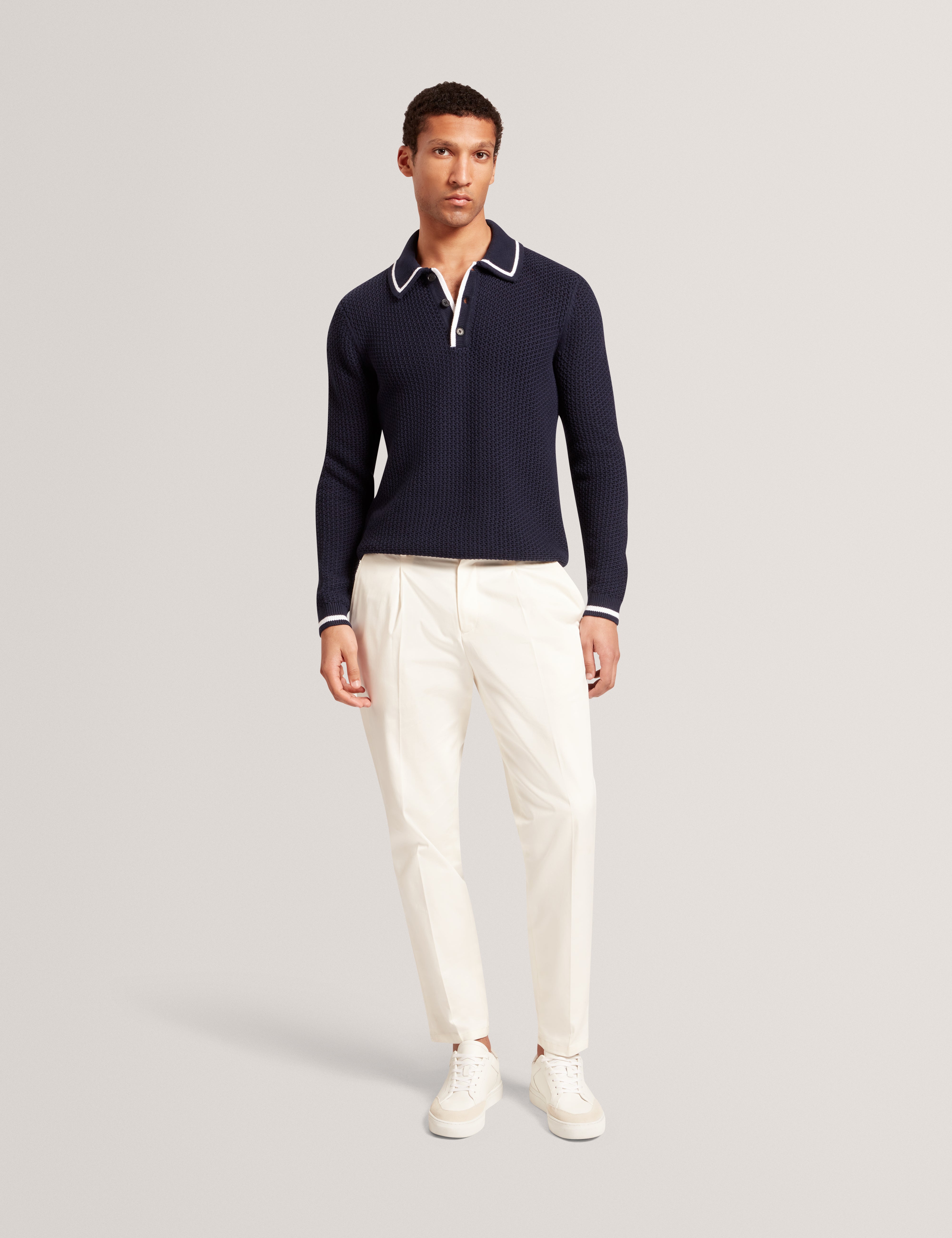 Brucei Long Sleeve Waffle Stitch Knit Polo Navy