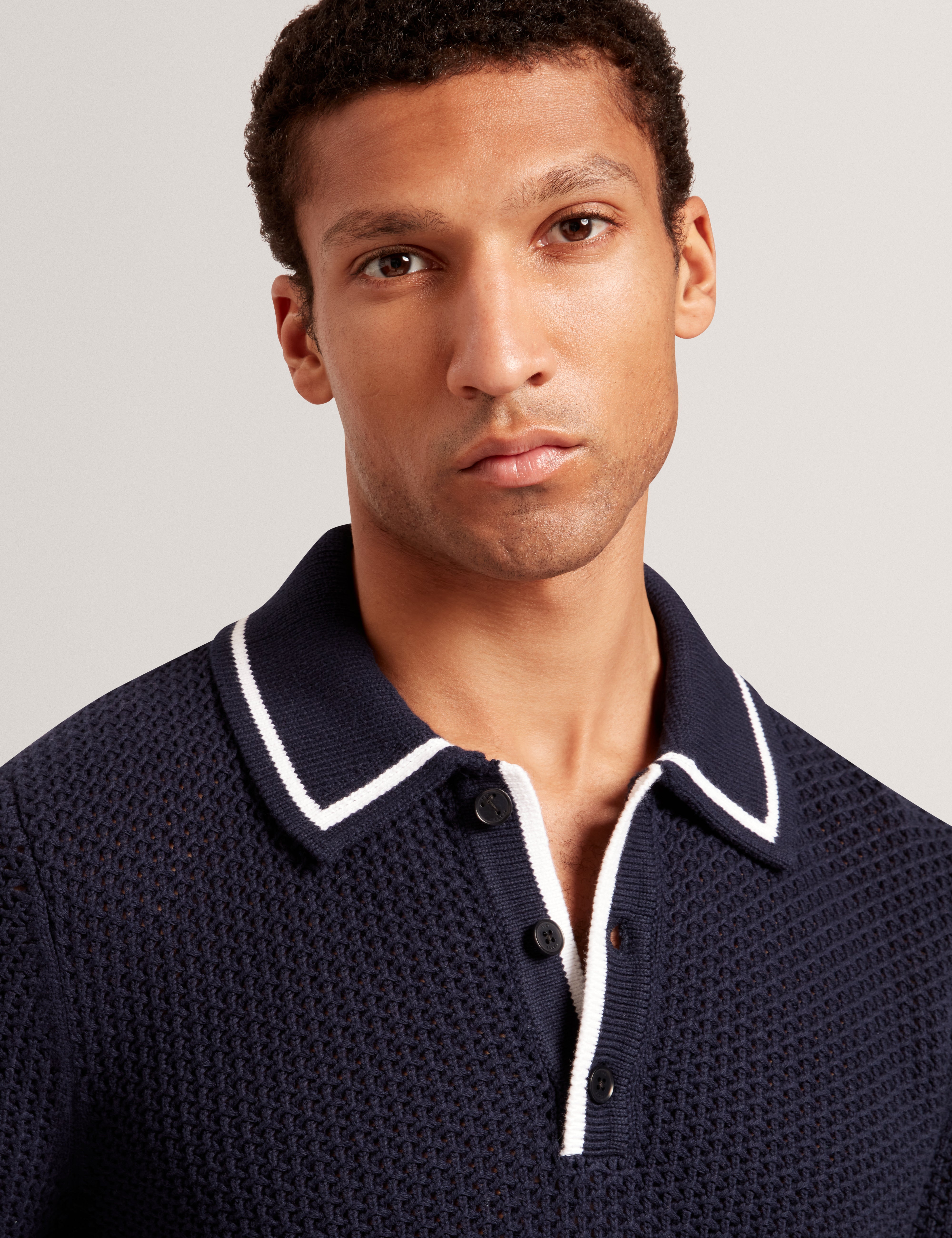 Brucei Long Sleeve Waffle Stitch Knit Polo Navy