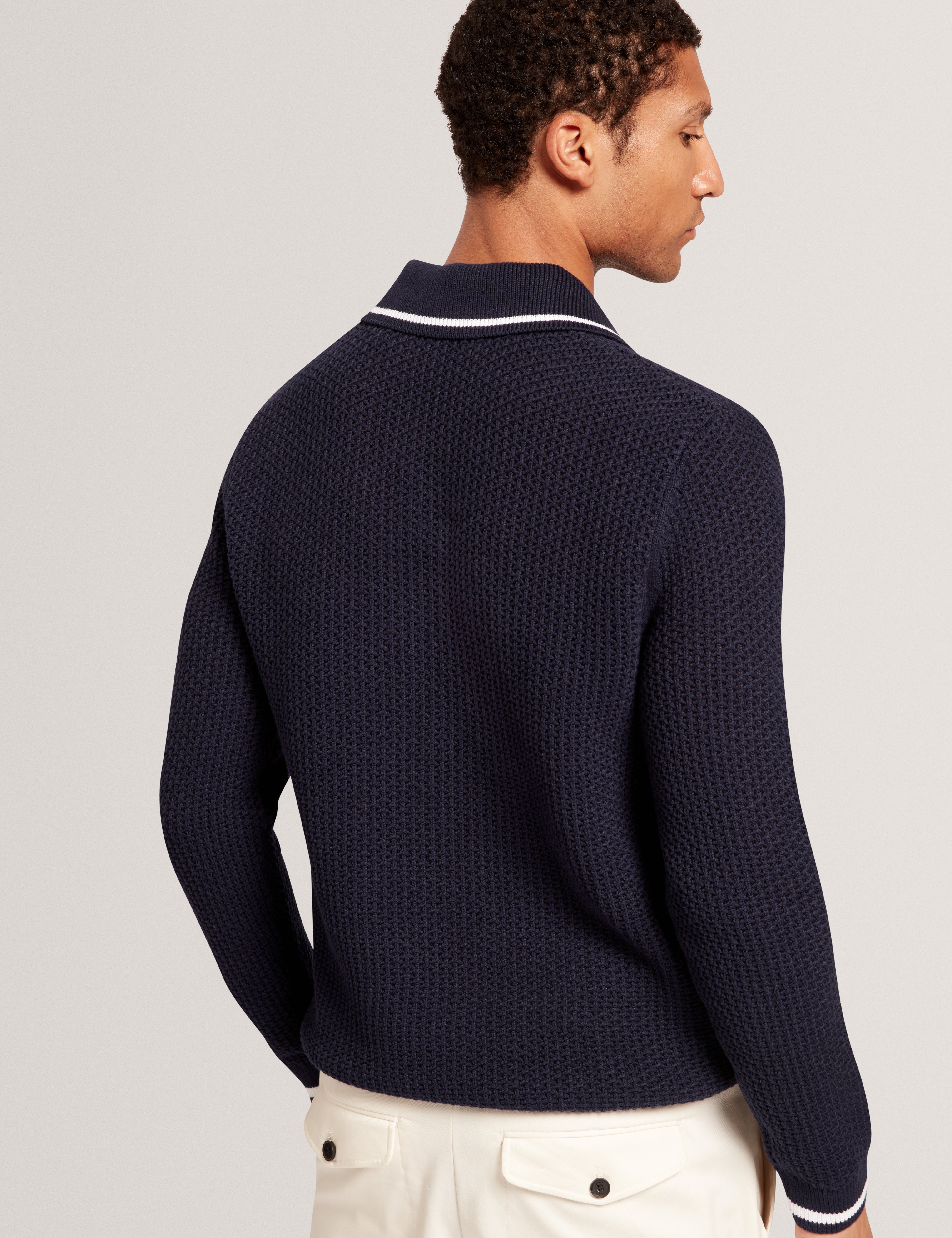 Brucei Long Sleeve Waffle Stitch Knit Polo Navy