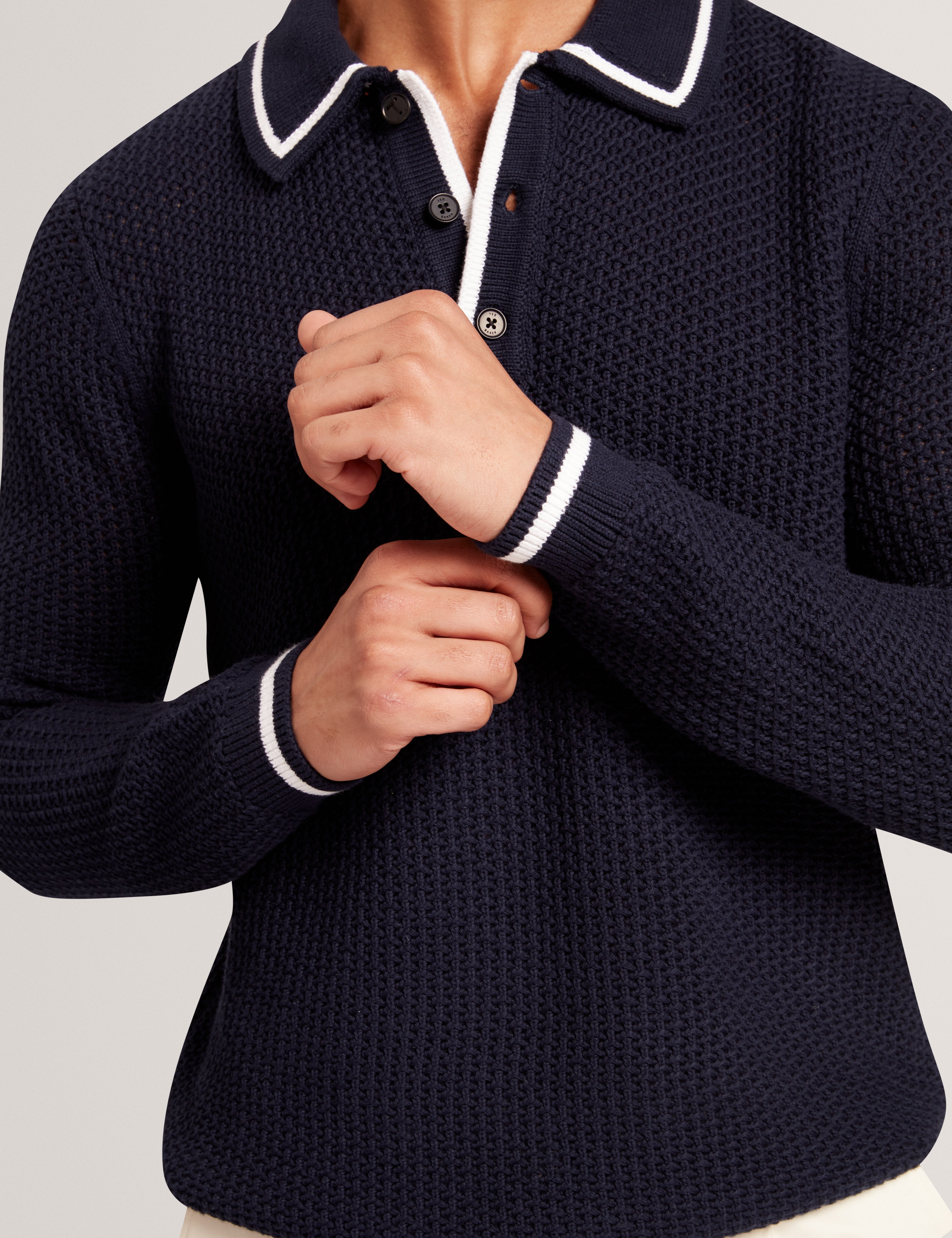 Brucei Long Sleeve Waffle Stitch Knit Polo Navy