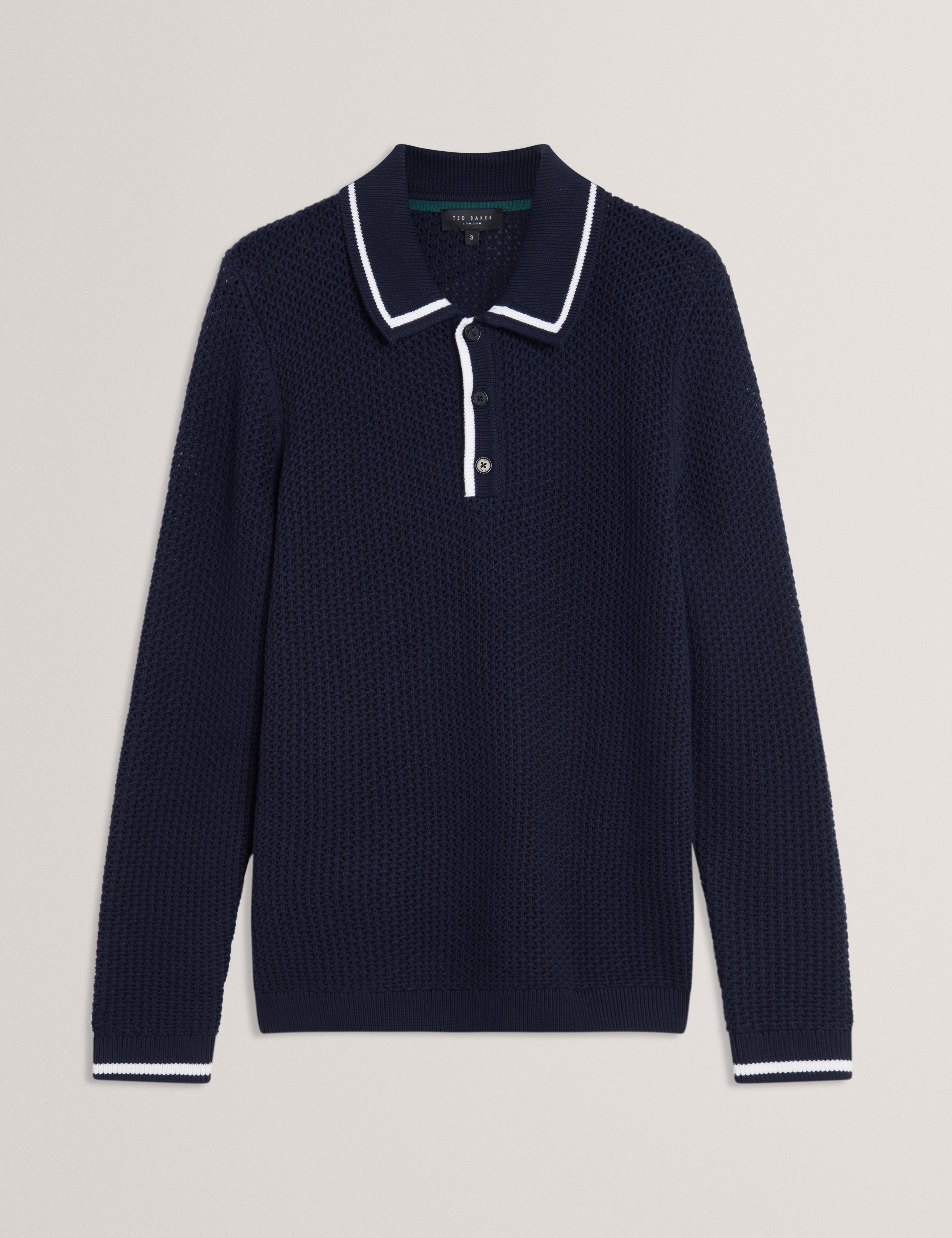Brucei Long Sleeve Waffle Stitch Knit Polo Navy