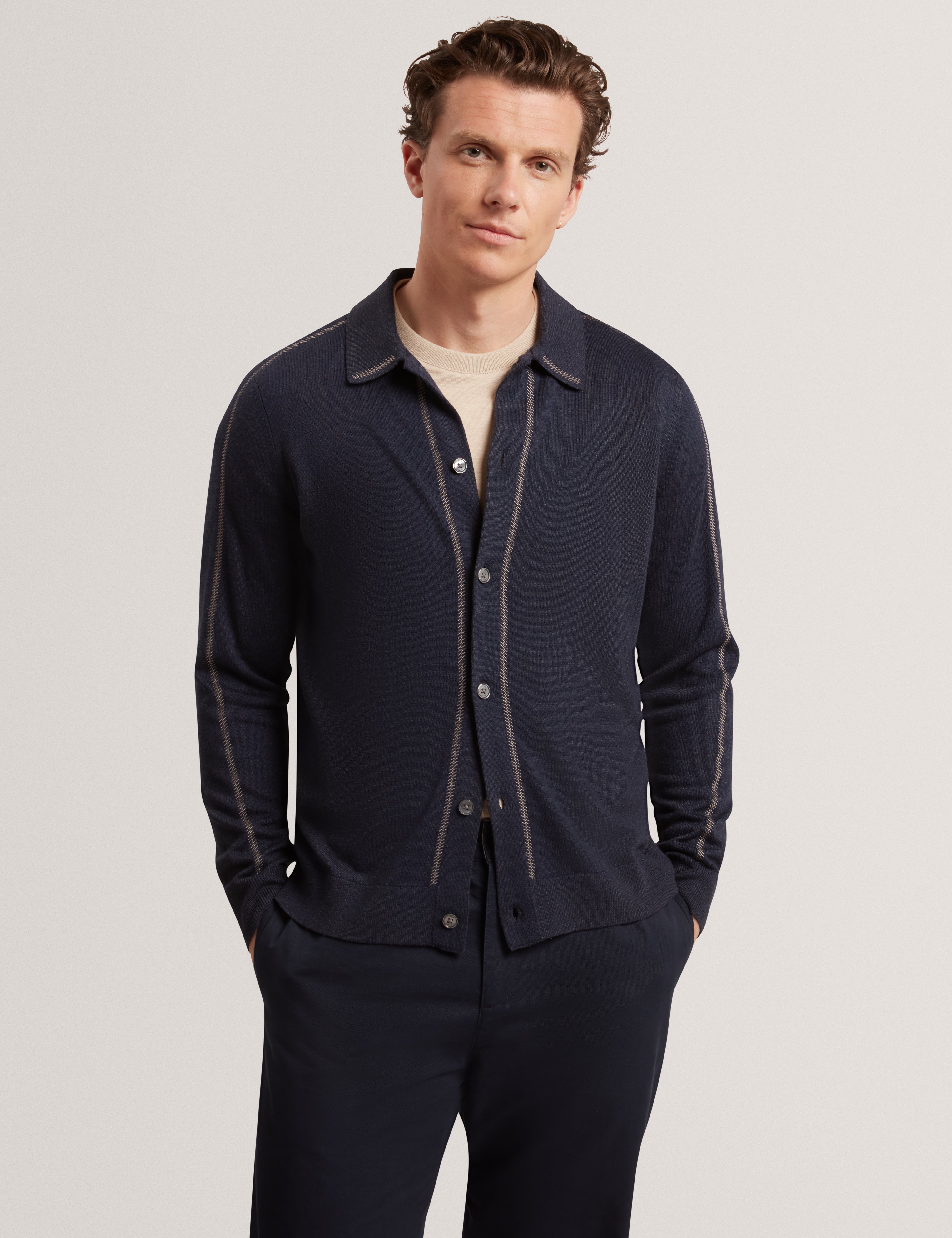 Diarmad Long Sleeve Rib Button Thru Knit Polo Navy