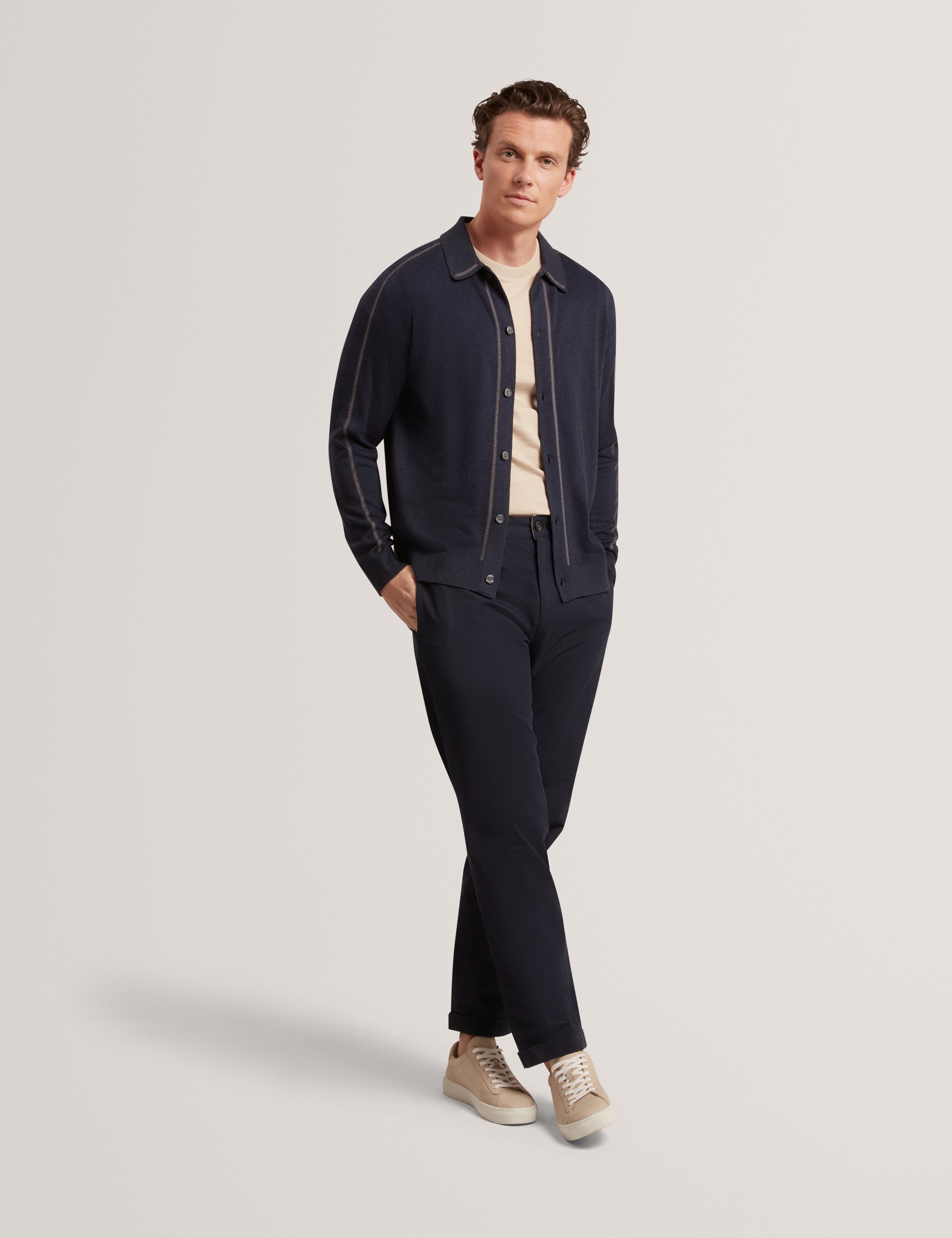 Diarmad Long Sleeve Rib Button Thru Knit Polo Navy