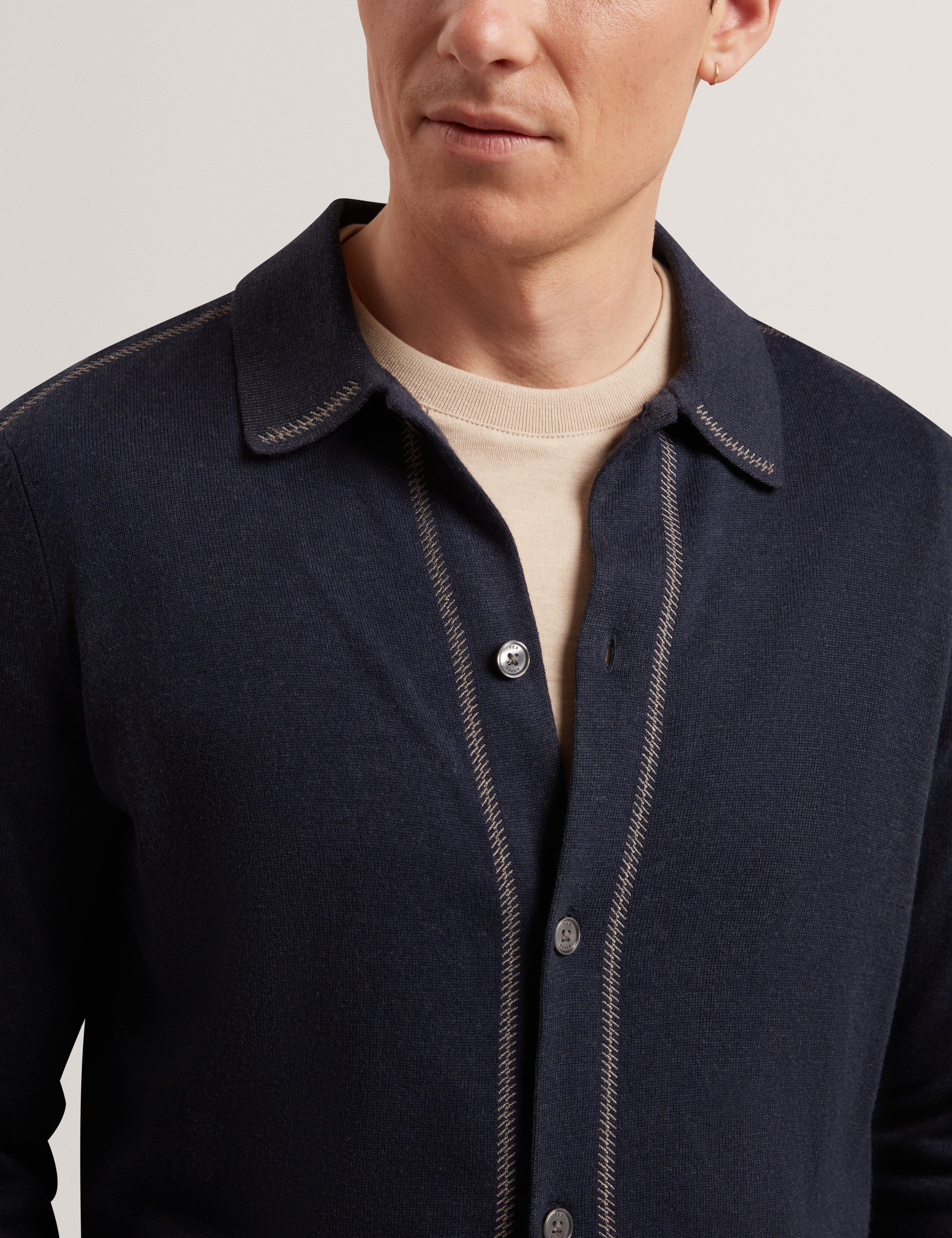 Diarmad Long Sleeve Rib Button Thru Knit Polo Navy