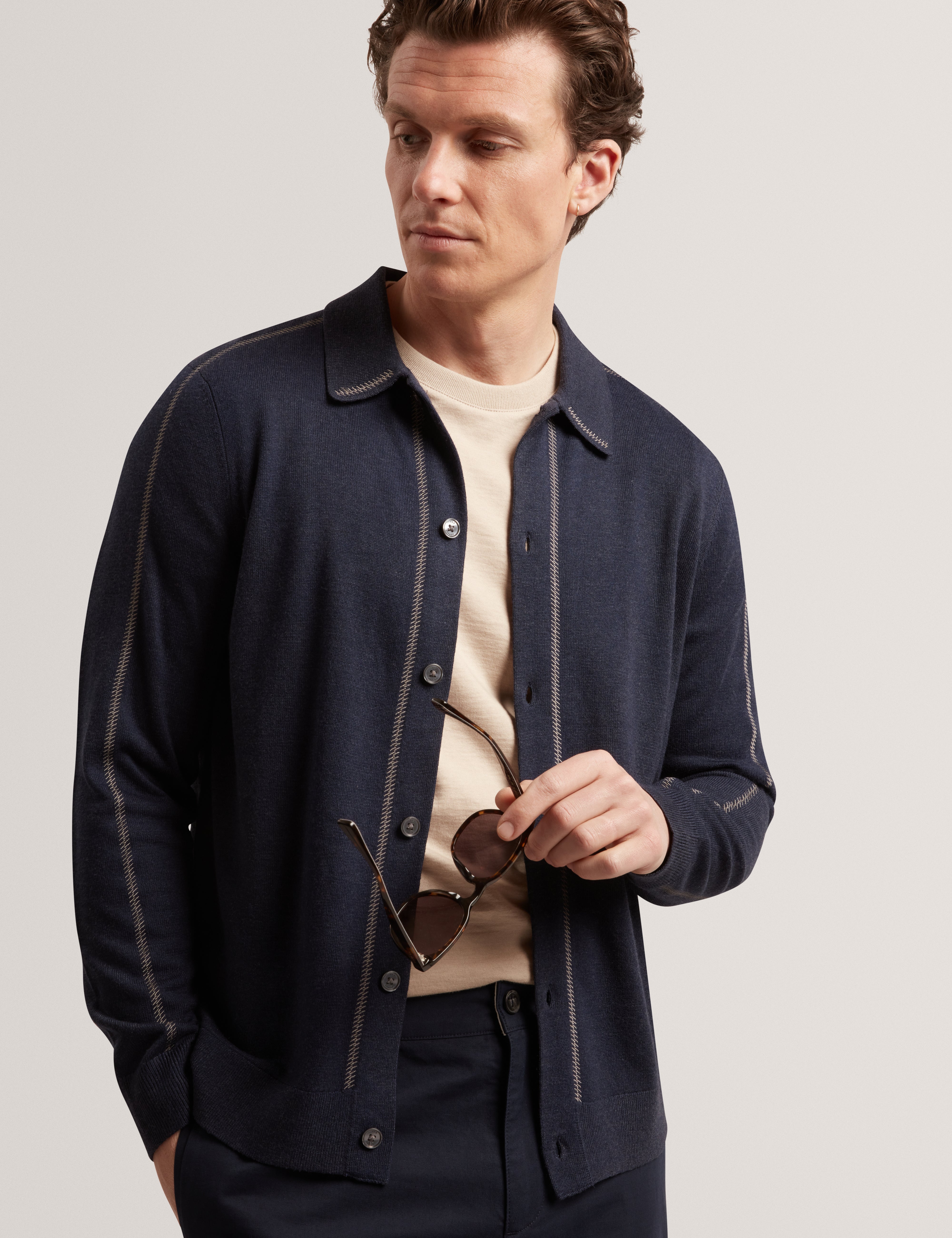 Diarmad Long Sleeve Rib Button Thru Knit Polo Navy