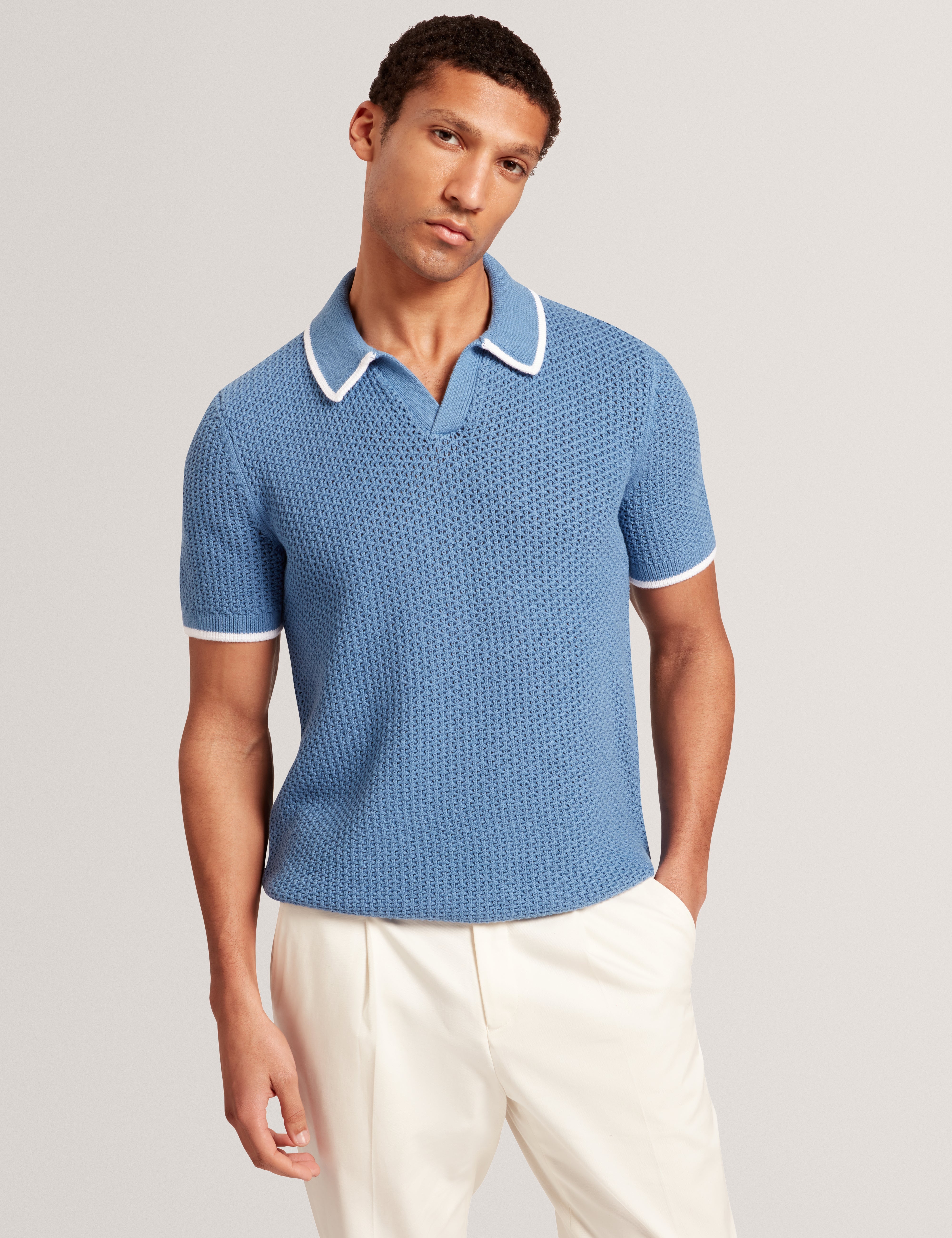 Shop Sachair Short Sleeve Waffle Stitch Open Neck Polo Lt-Blue for