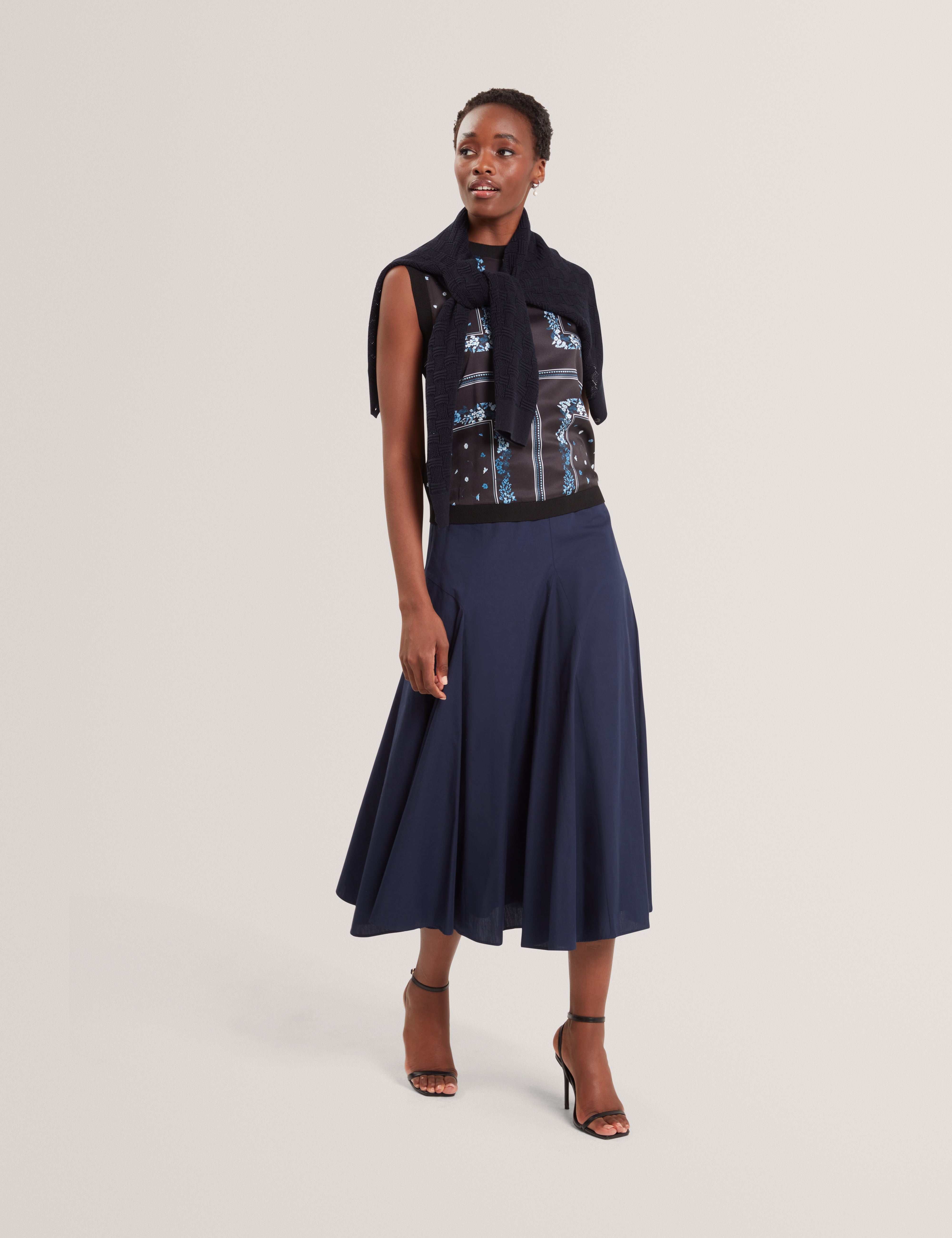 Zanzah Cotton Poplin Midi Skirt Navy