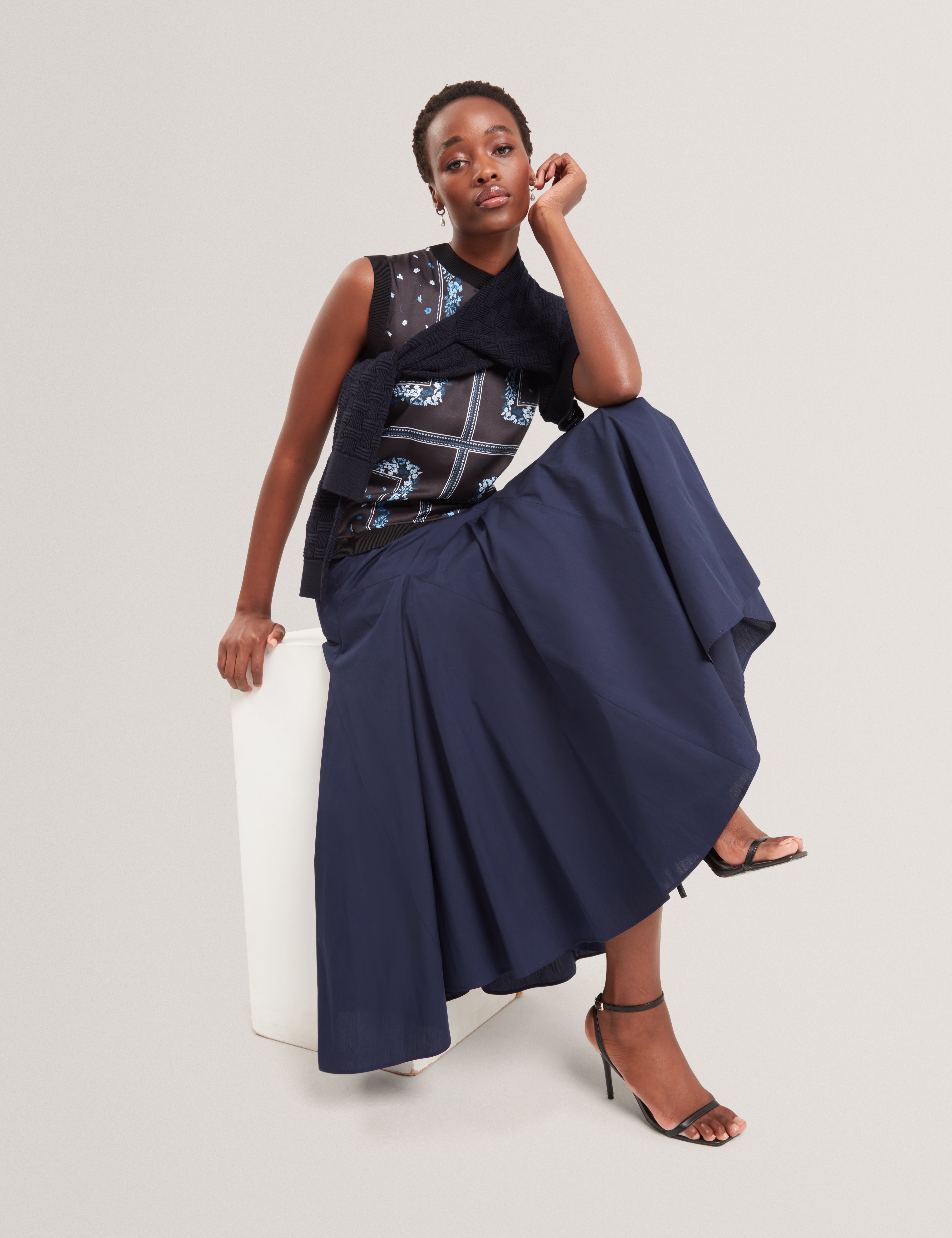 Zanzah Cotton Poplin Midi Skirt Navy