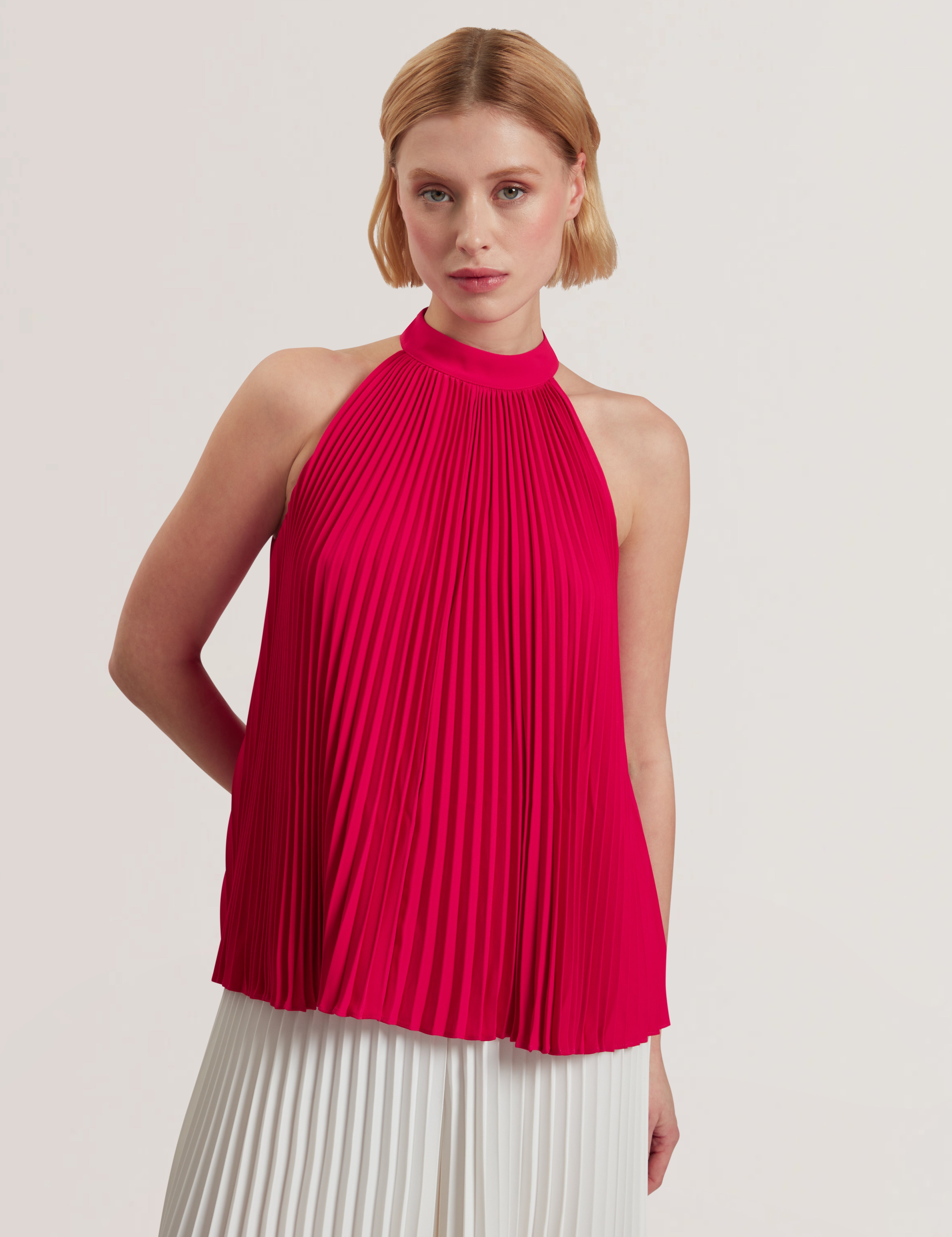Jamaya Halter Neck Sleeveless Pleated Top Fuchsia