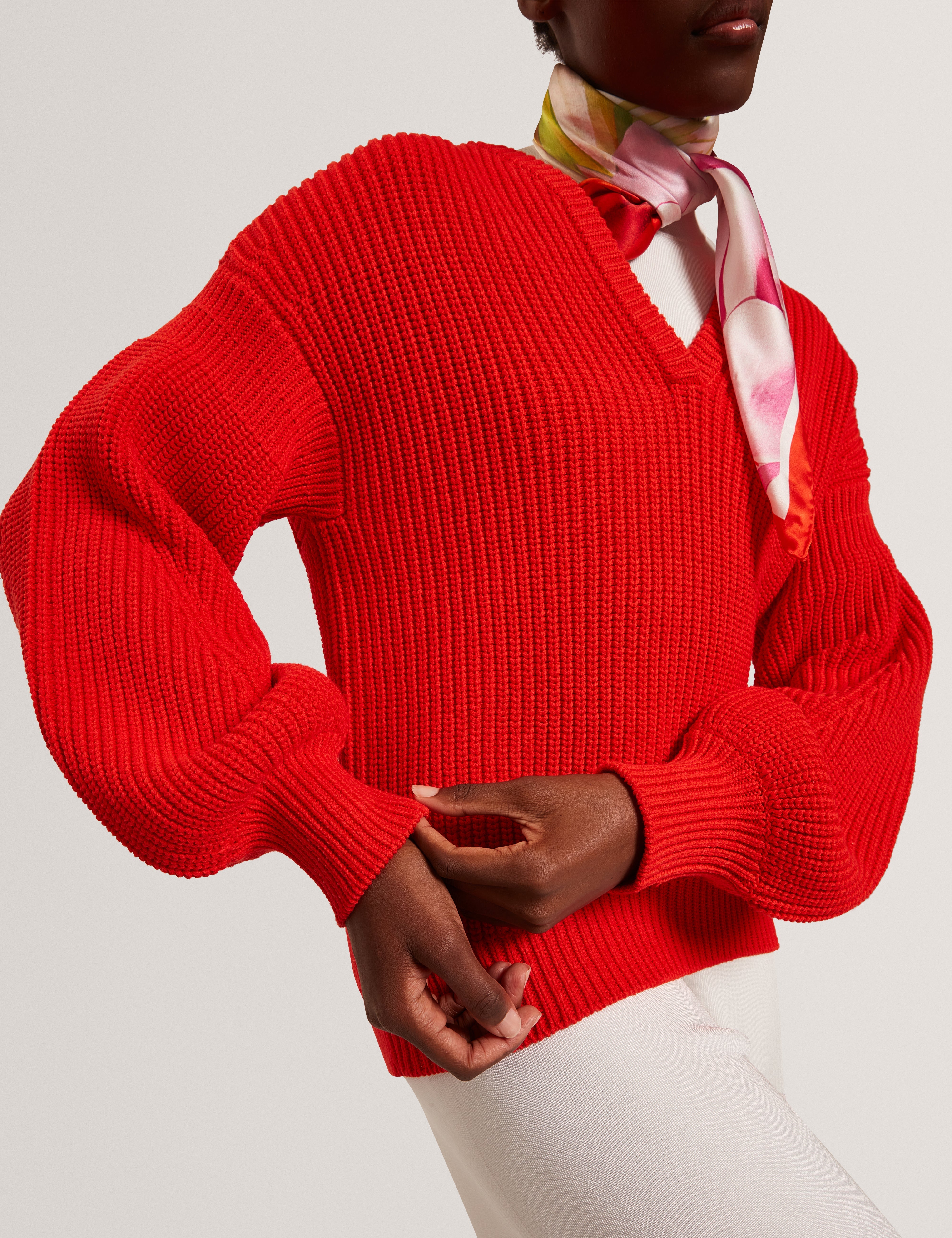 Velmee Cotton Blend V Neck Sweater Red