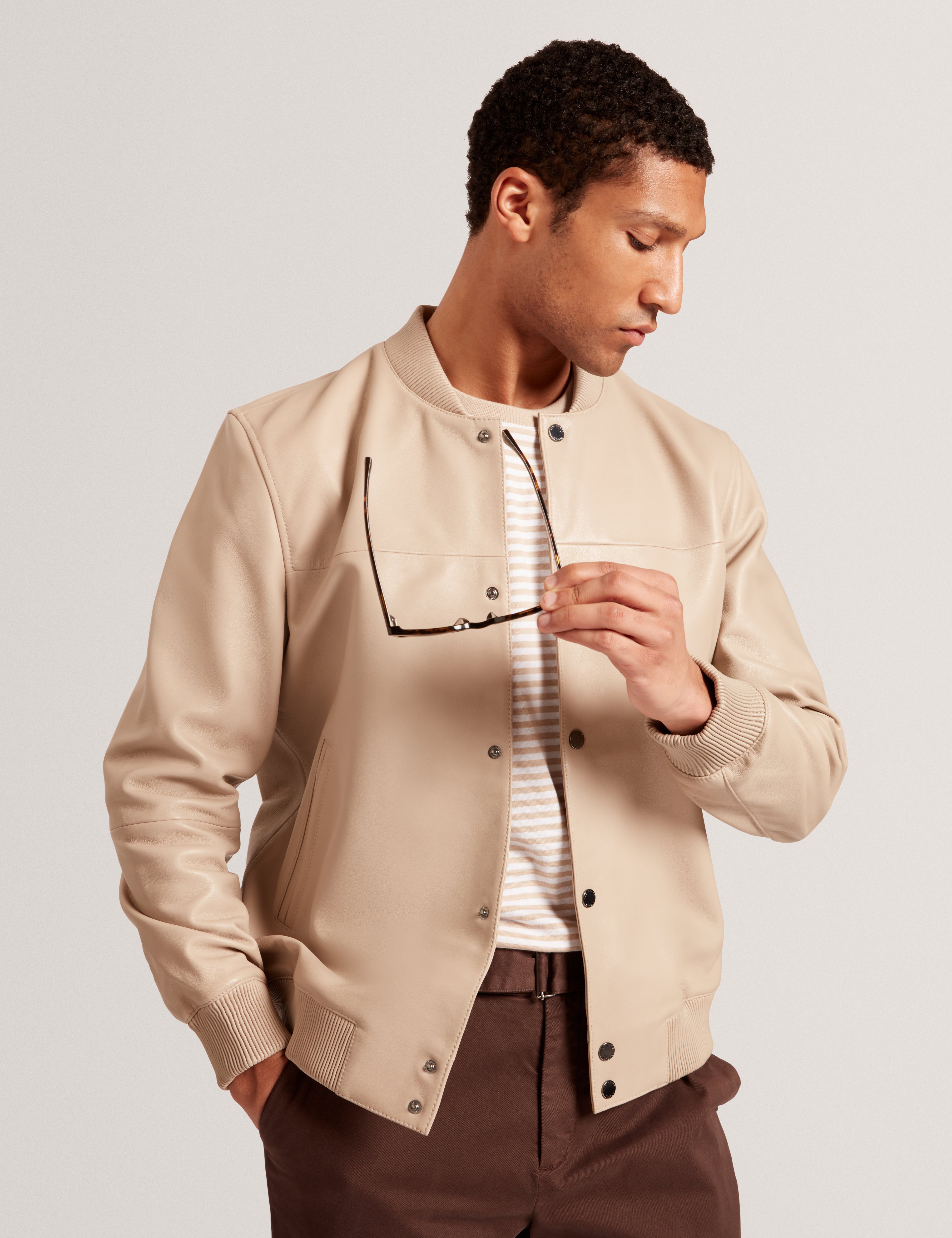 Leeams Leather Varsity Jacket Taupe