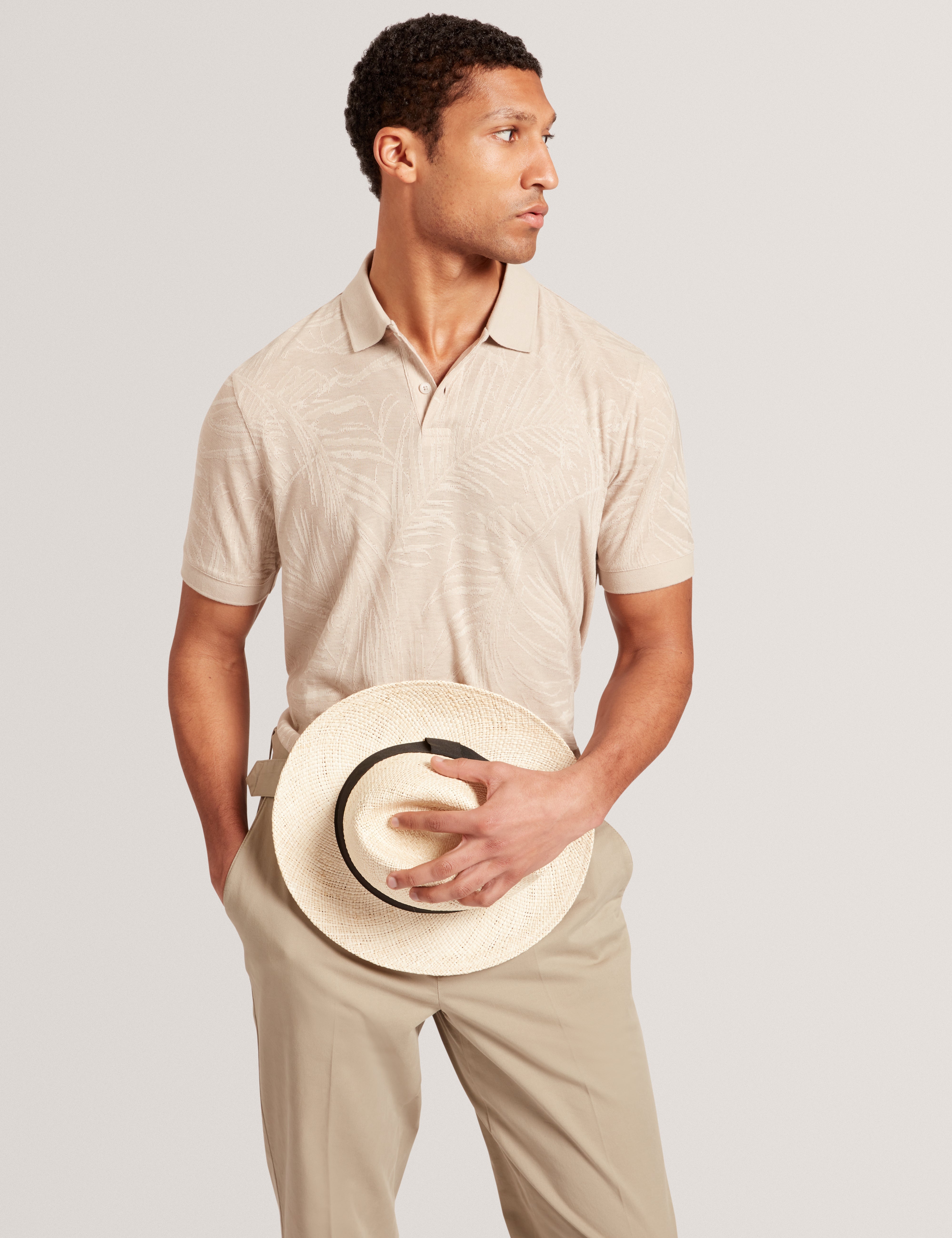 Edwine Short Sleeve Regular Jacquard Leaf Polo Beige