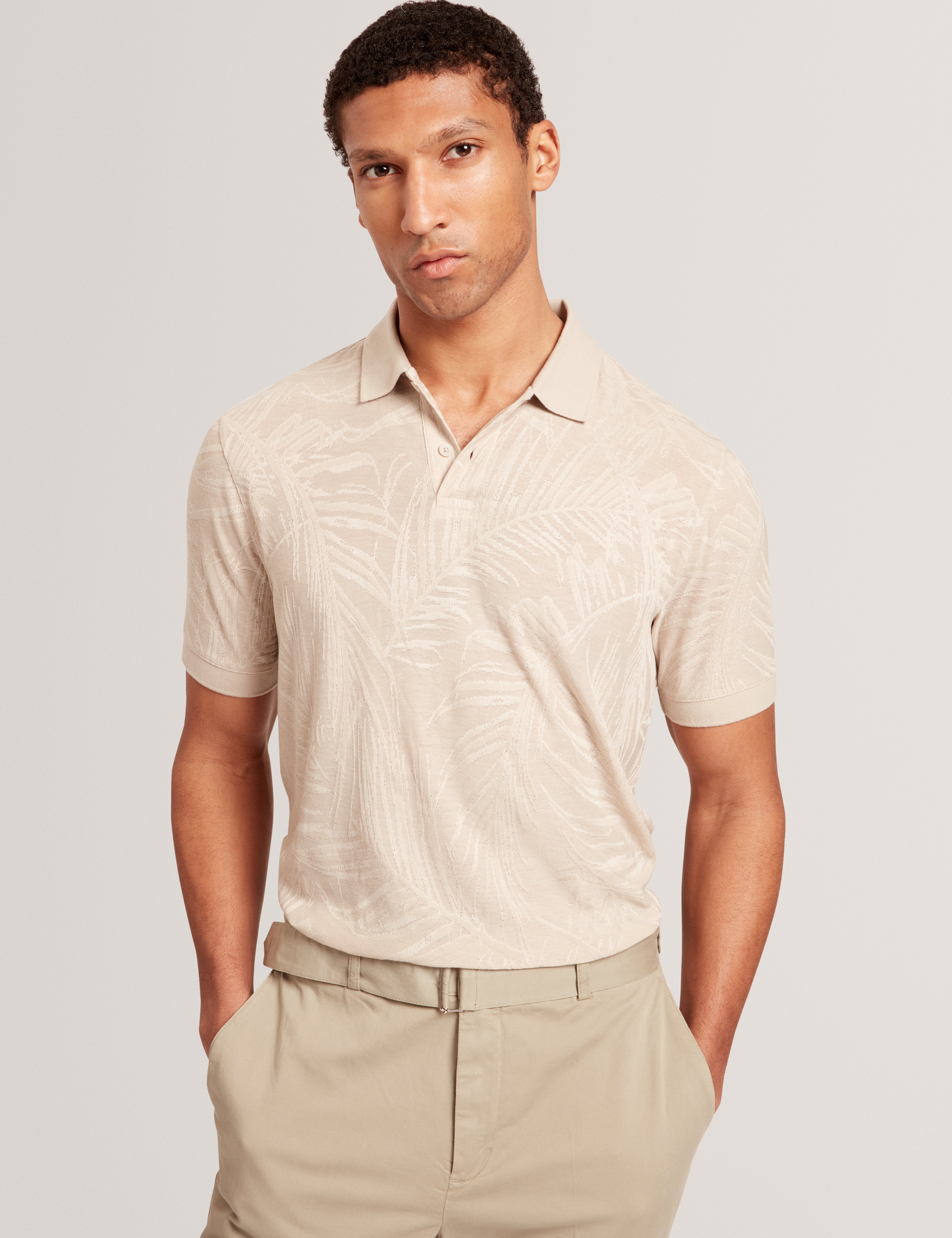 Edwine Short Sleeve Regular Jacquard Leaf Polo Beige