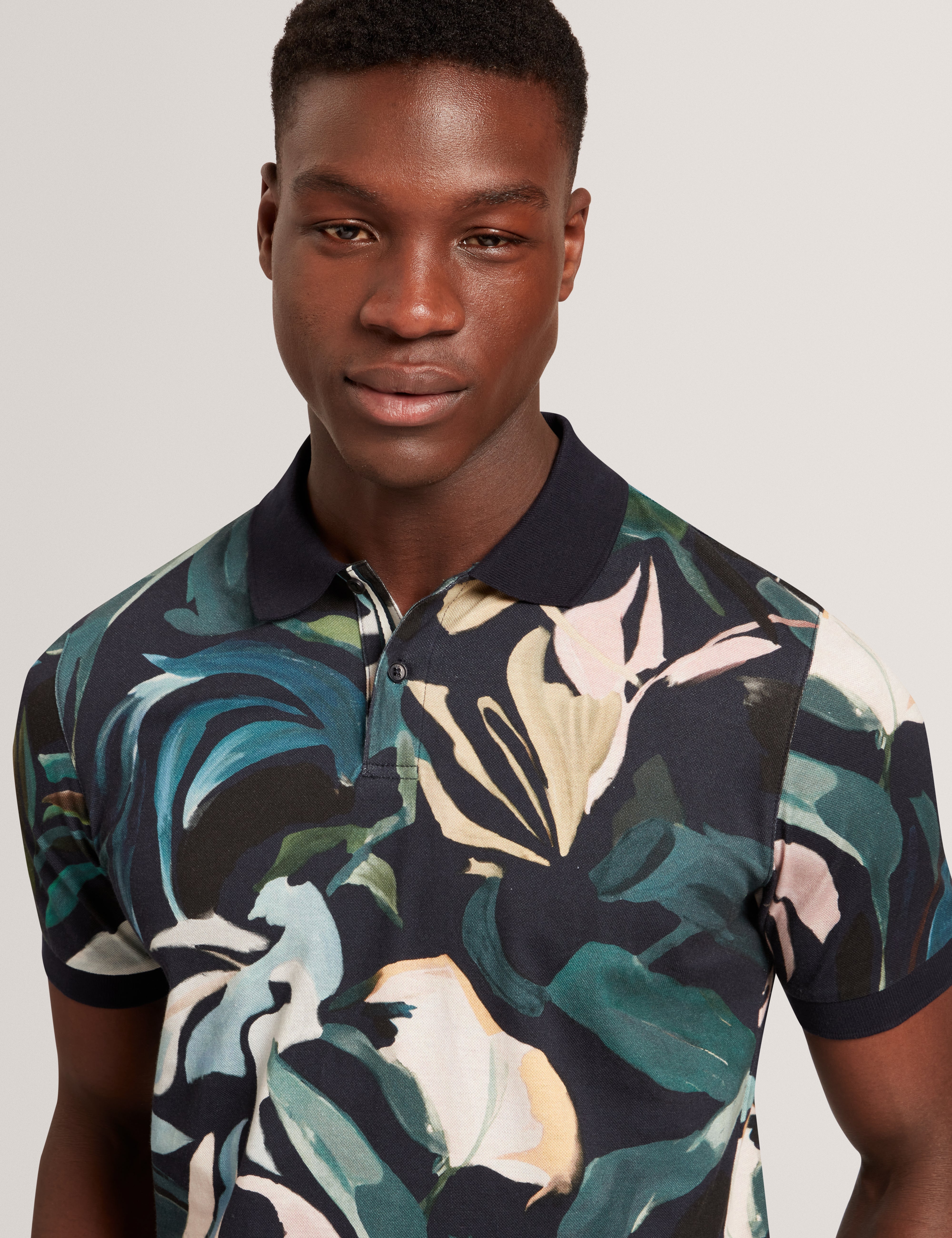 Kivem Short Sleeve Cotton Floral Print Polo Black