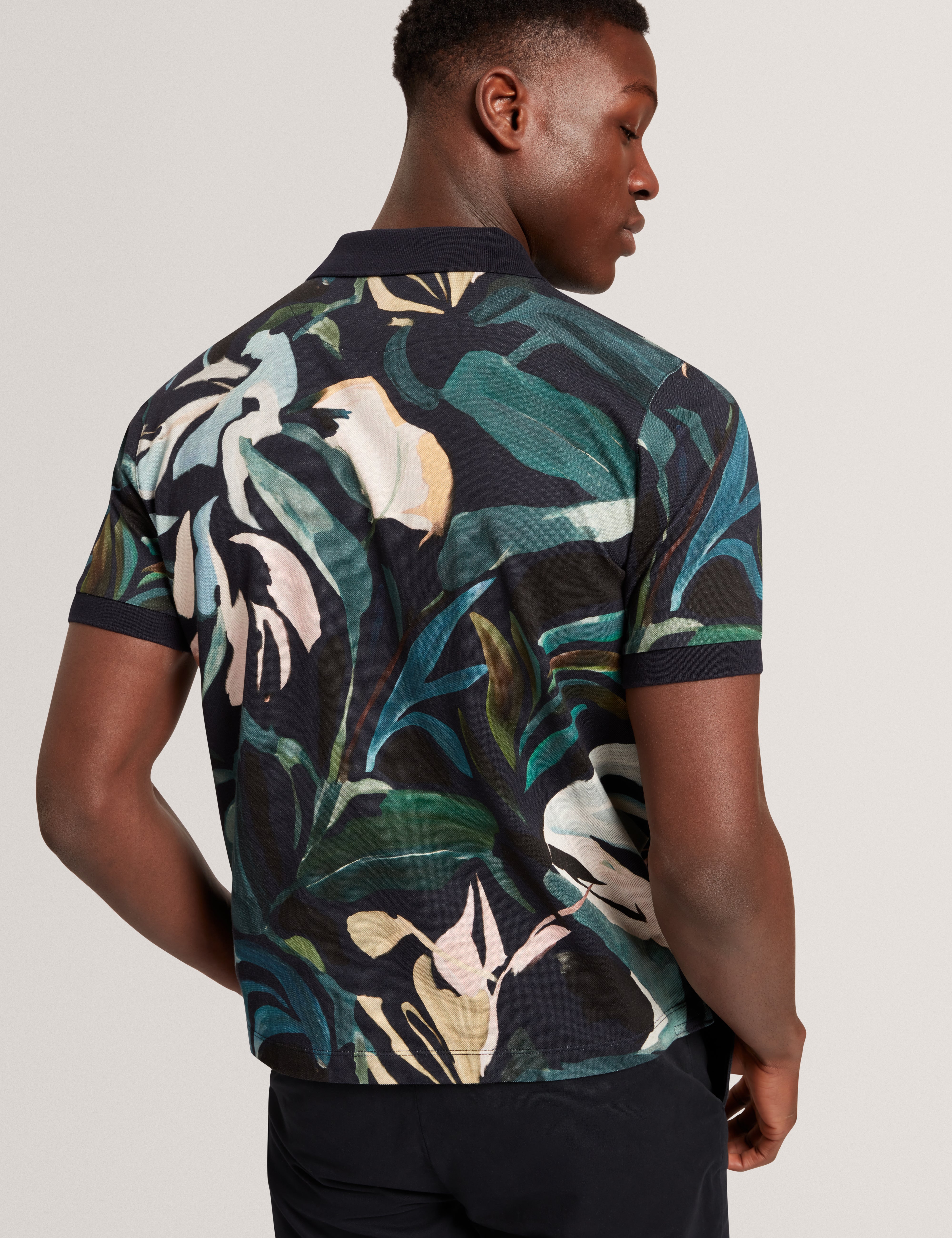 Kivem Short Sleeve Cotton Floral Print Polo Black