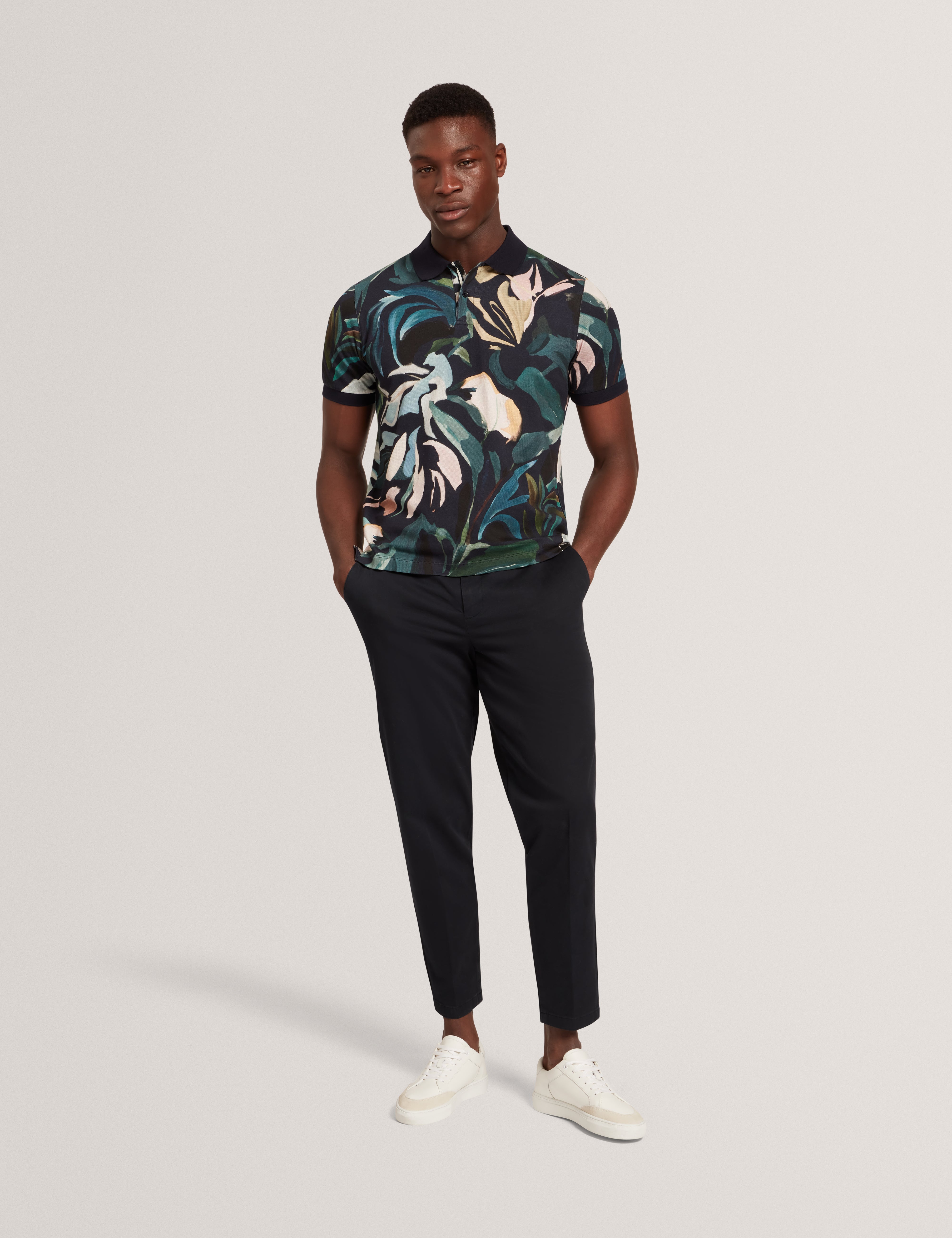 Kivem Short Sleeve Cotton Floral Print Polo Black