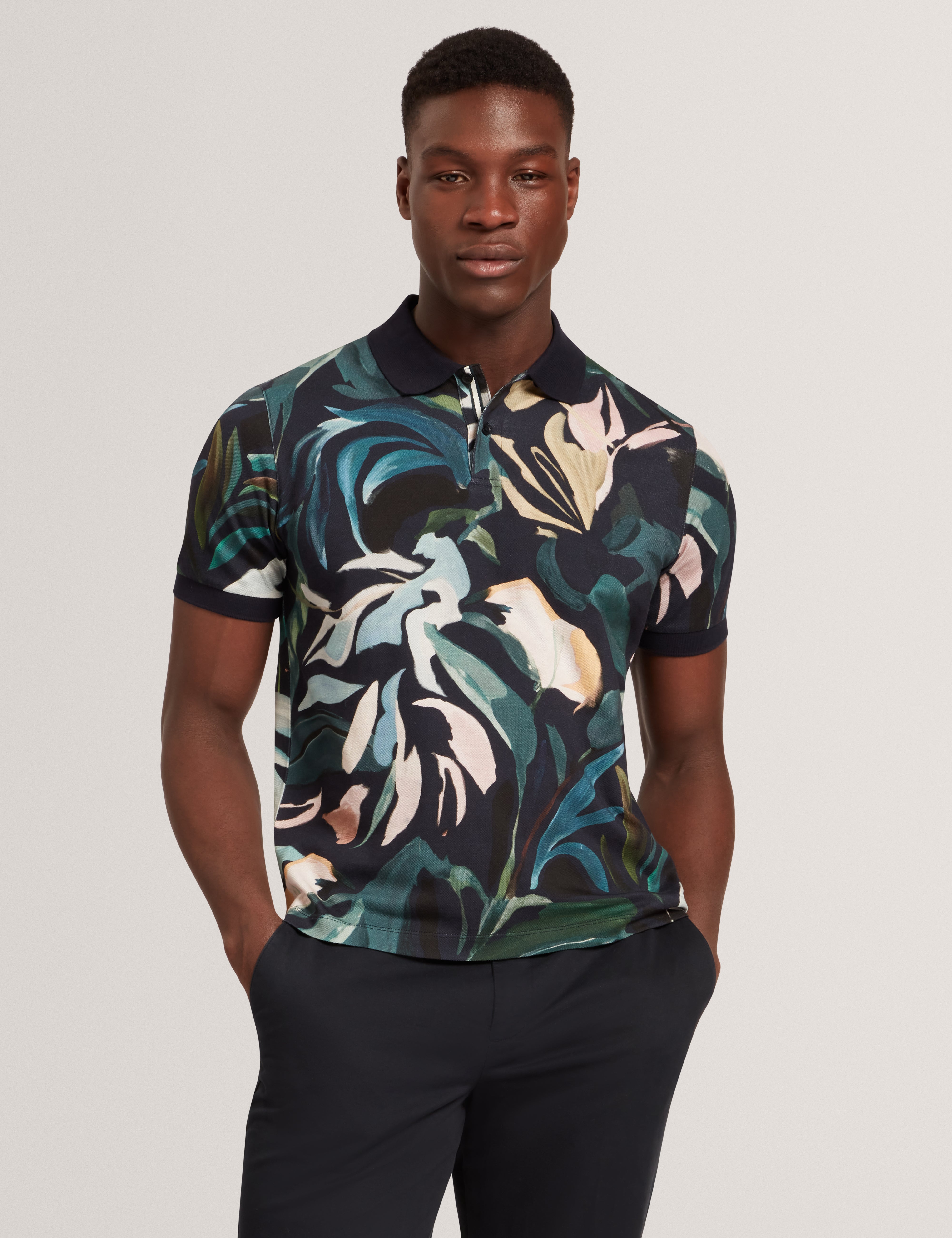 Kivem Short Sleeve Cotton Floral Print Polo Black