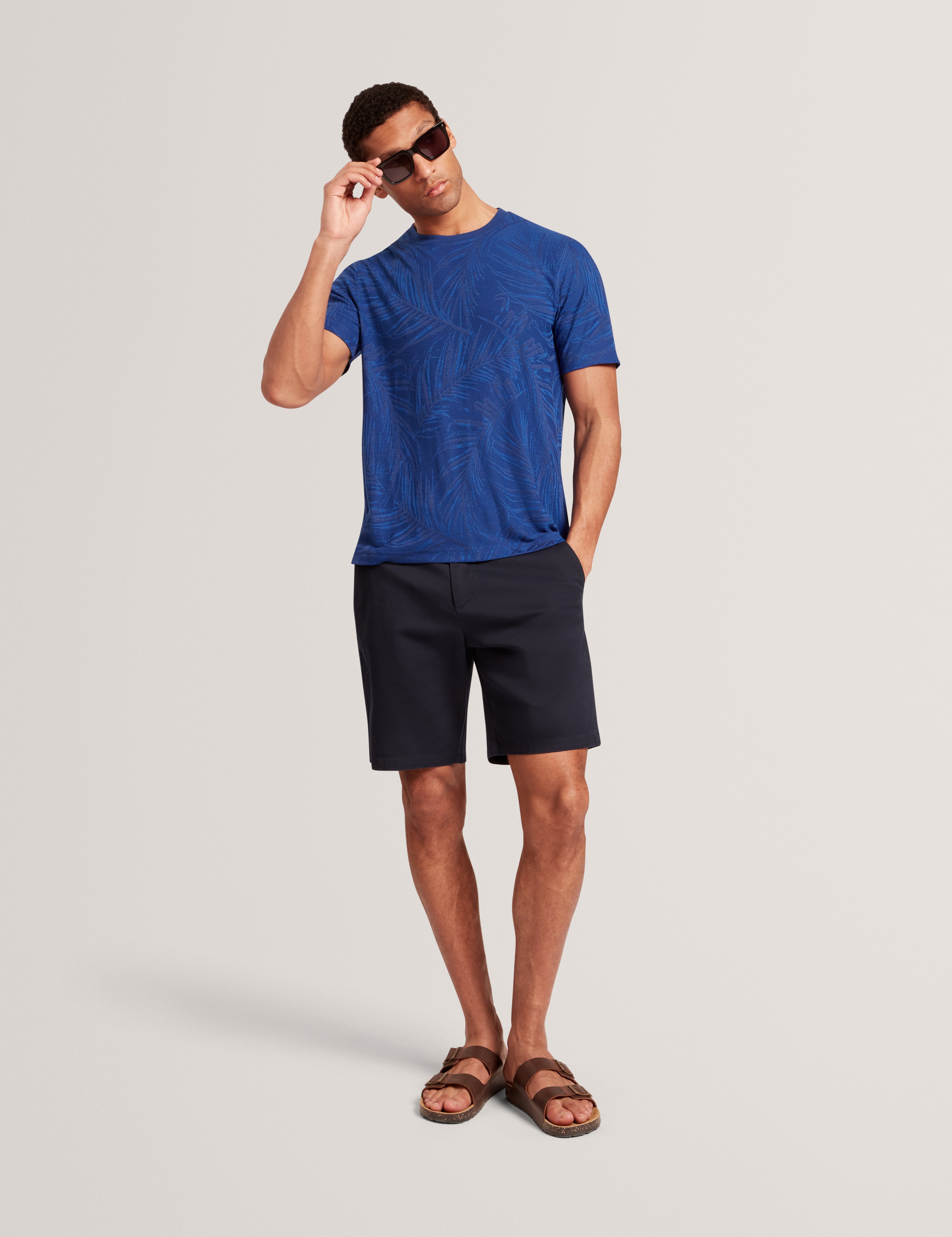 Jessper Short Sleeve Regular Jacquard Leaf T-Shirt Navy