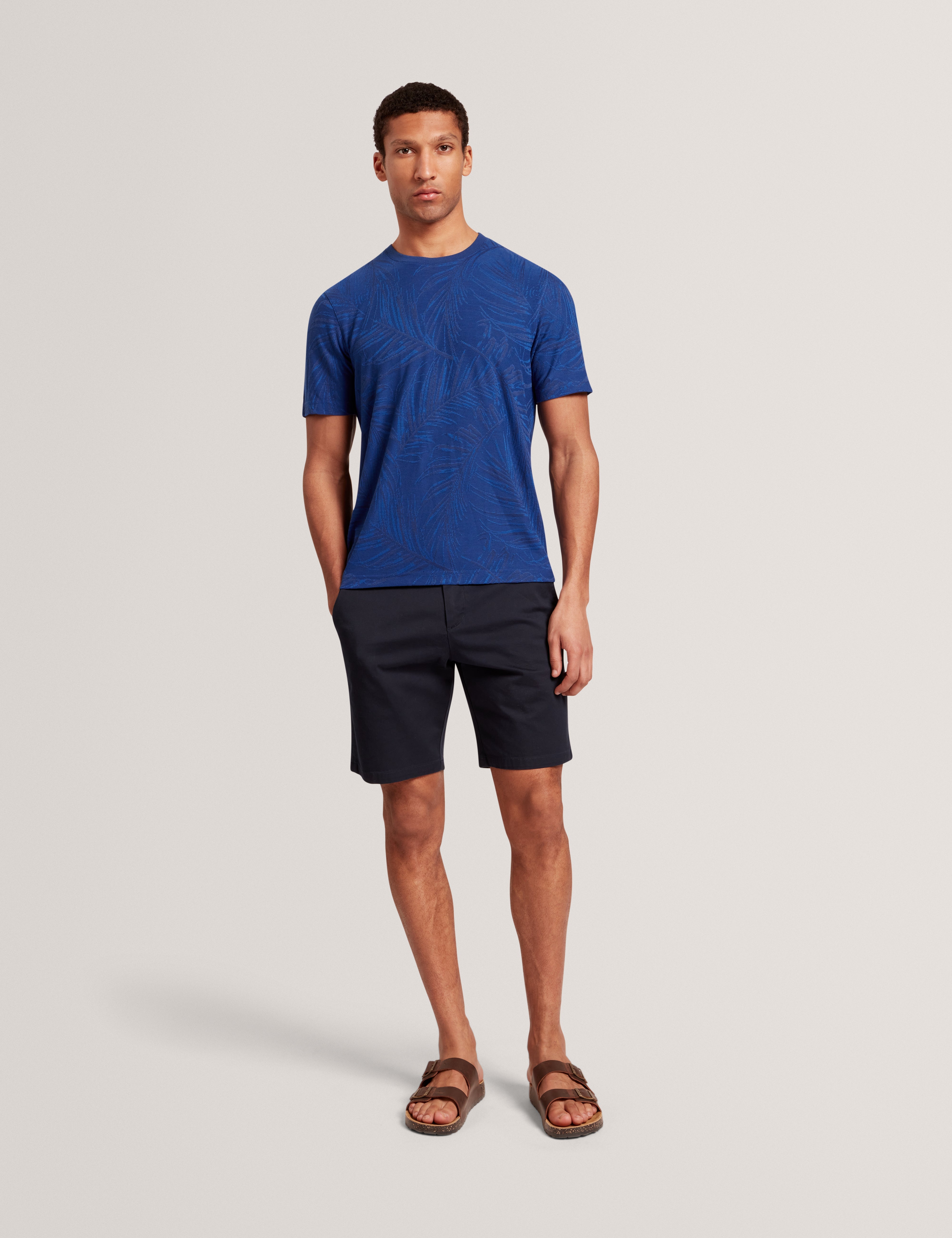 Jessper Short Sleeve Regular Jacquard Leaf T-Shirt Navy
