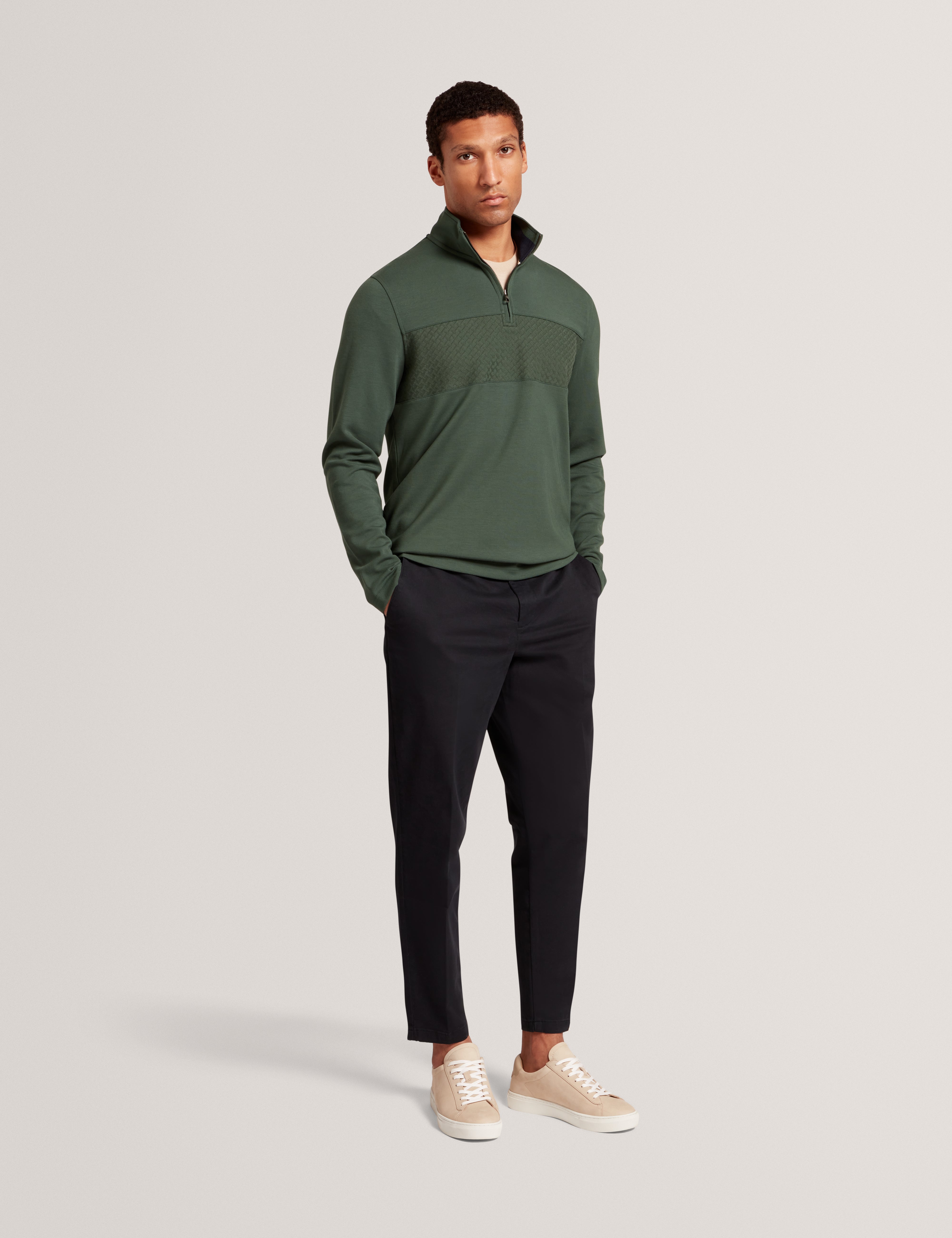 Simonea Long Sleeve Regular Contrast Panel Half-Zip Dk-Green